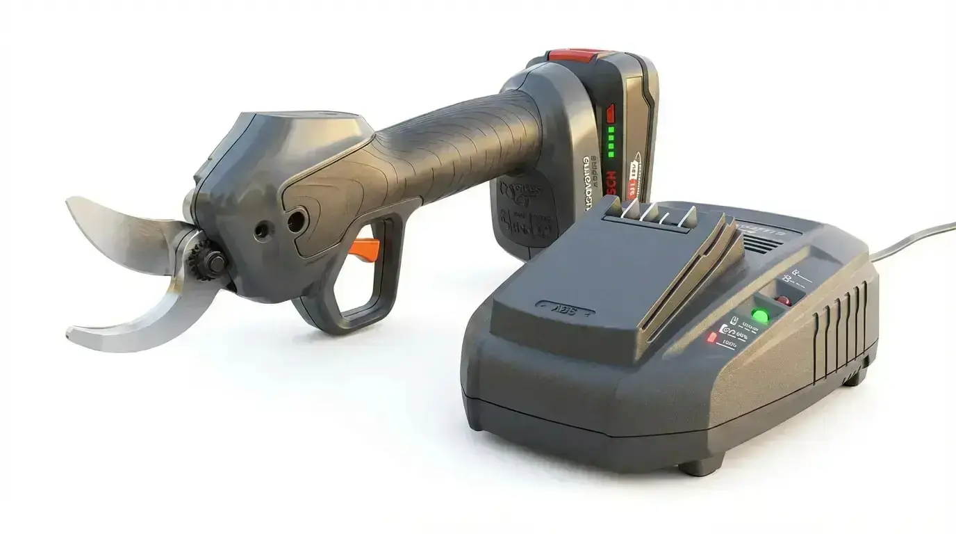 Graue und schwarze Husqvarna ASPIRE PS30X Akku-Astschere neben einem passenden Ladegerät auf weißem Hintergrund.
