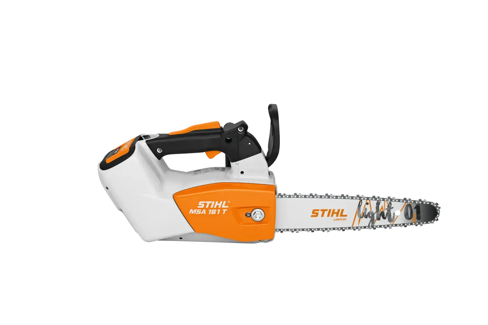 STIHL MSA 161 T Akku-Kettensäge, seitliche Ansicht. Weißes Gehäuse mit orangefarbenen Akzenten und STIHL Light 01 Schwert.
