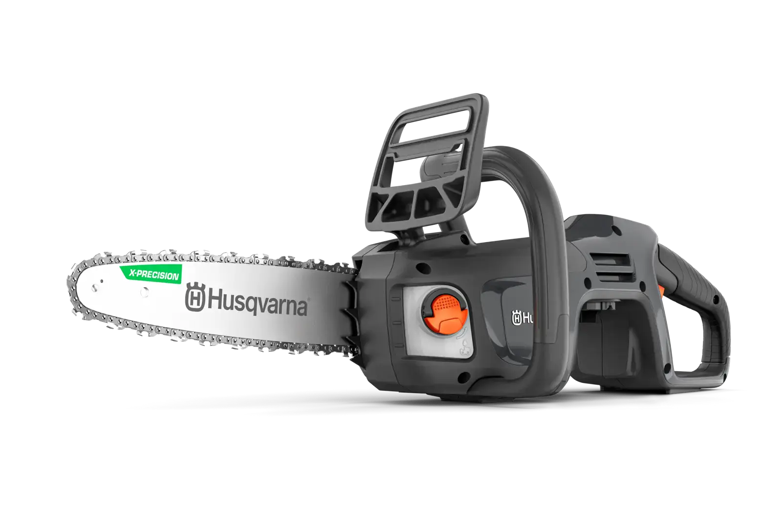 Husqvarna ASPIRE C15X Akku-Motorsäge in Dunkelgrau mit silbernem Schwert und Kette, von der Seite.