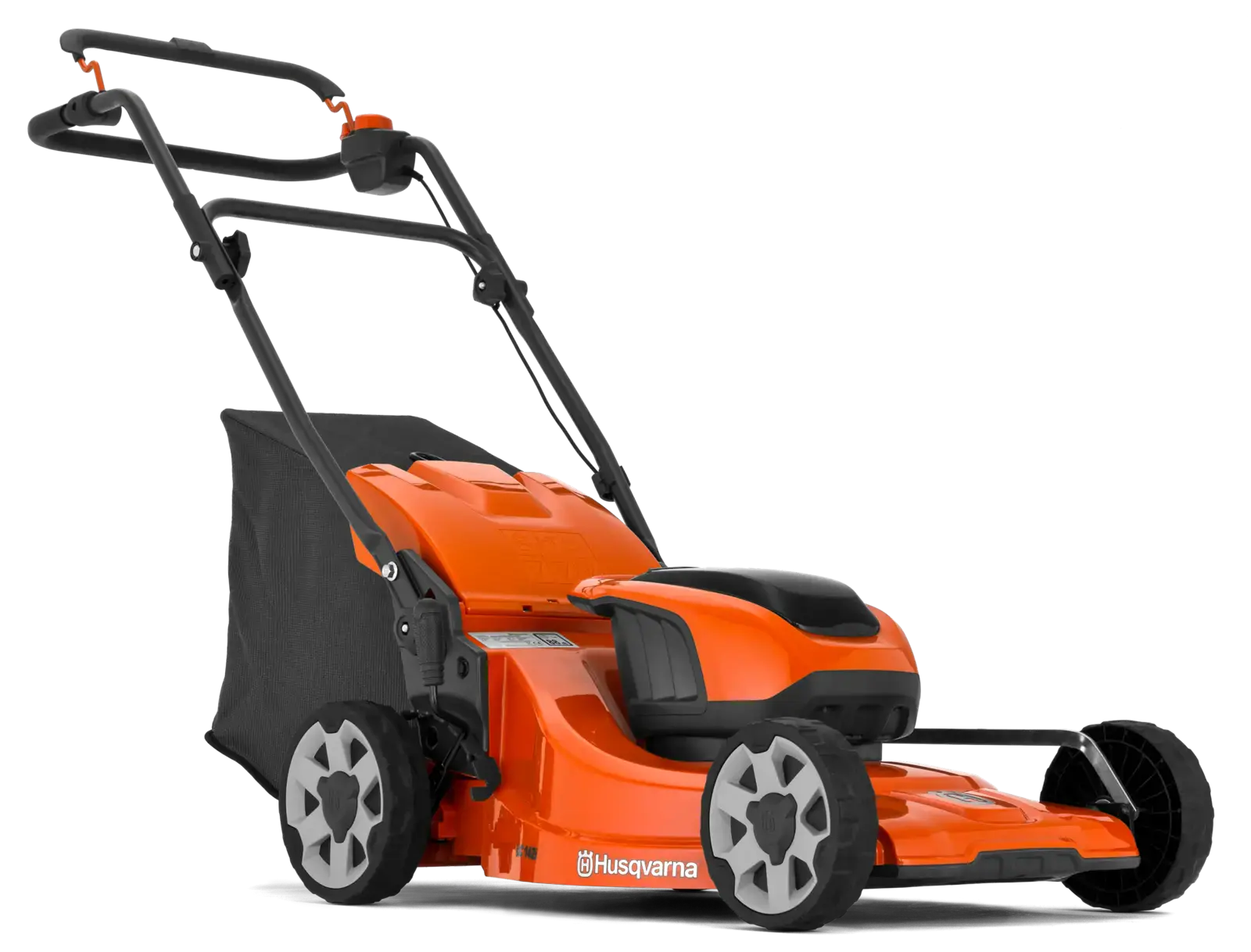 Husqvarna LC142i Akku Rasenmäher in Orange und Schwarz mit Fangkorb vor dunklem Hintergrund, seitliche Ansicht.