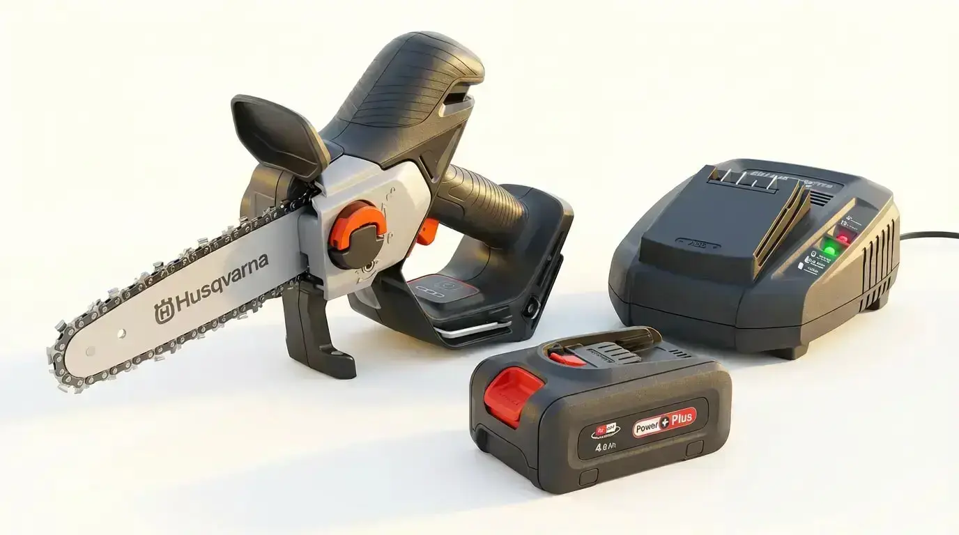 Husqvarna ASPIRE P8X Akku-Astsäge, mit Akku und Ladegerät auf weißem Hintergrund.