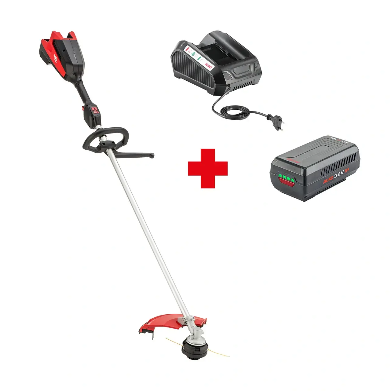 Solo by Alko BC3640L Akku-Trimmer Set mit Akku und Ladegerät auf weißem Hintergrund.