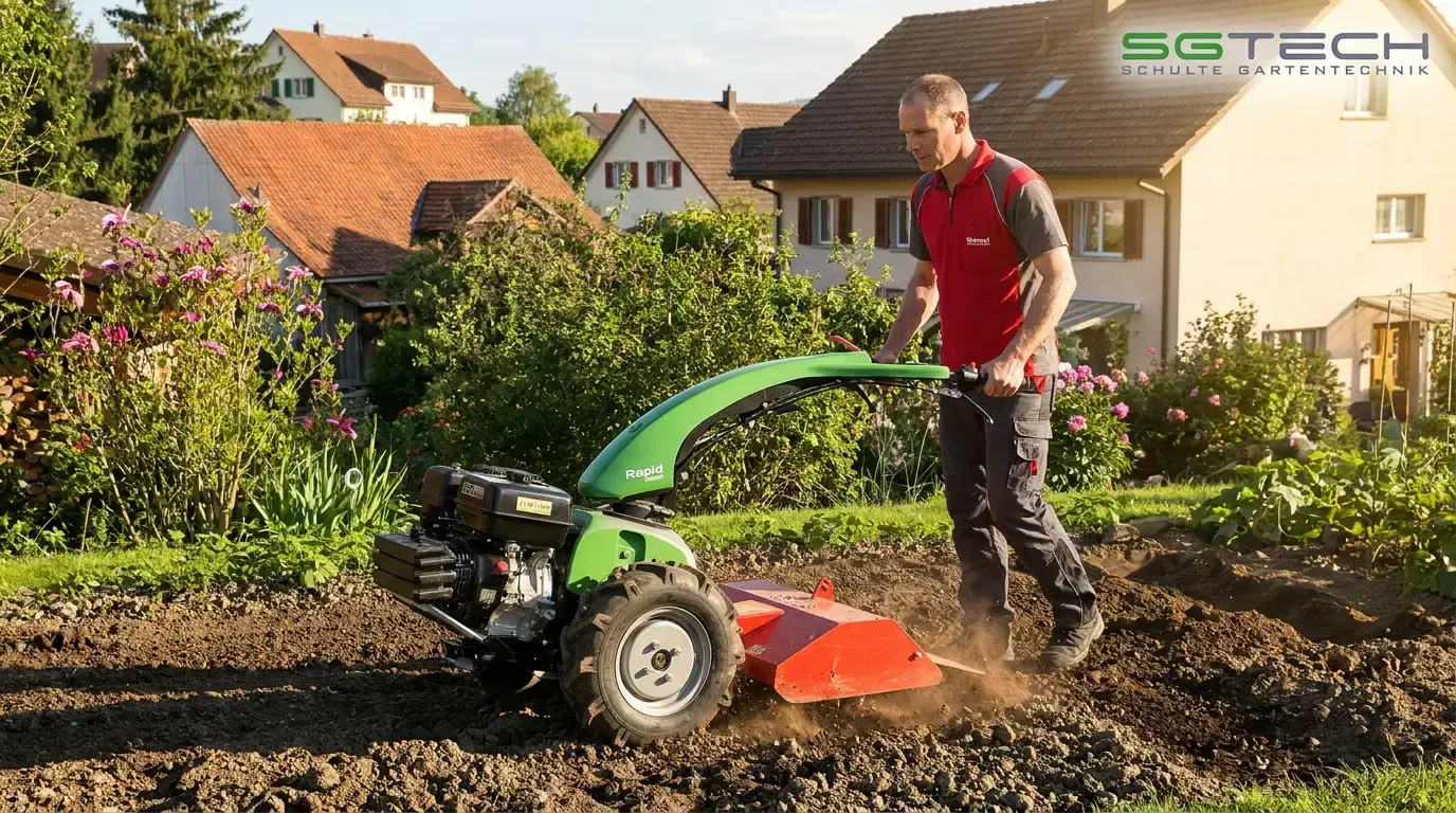 SGTech - Business-Services - Gärtner-GaLa-Profis - Mann mit Einachser in einem Feld und Garten
