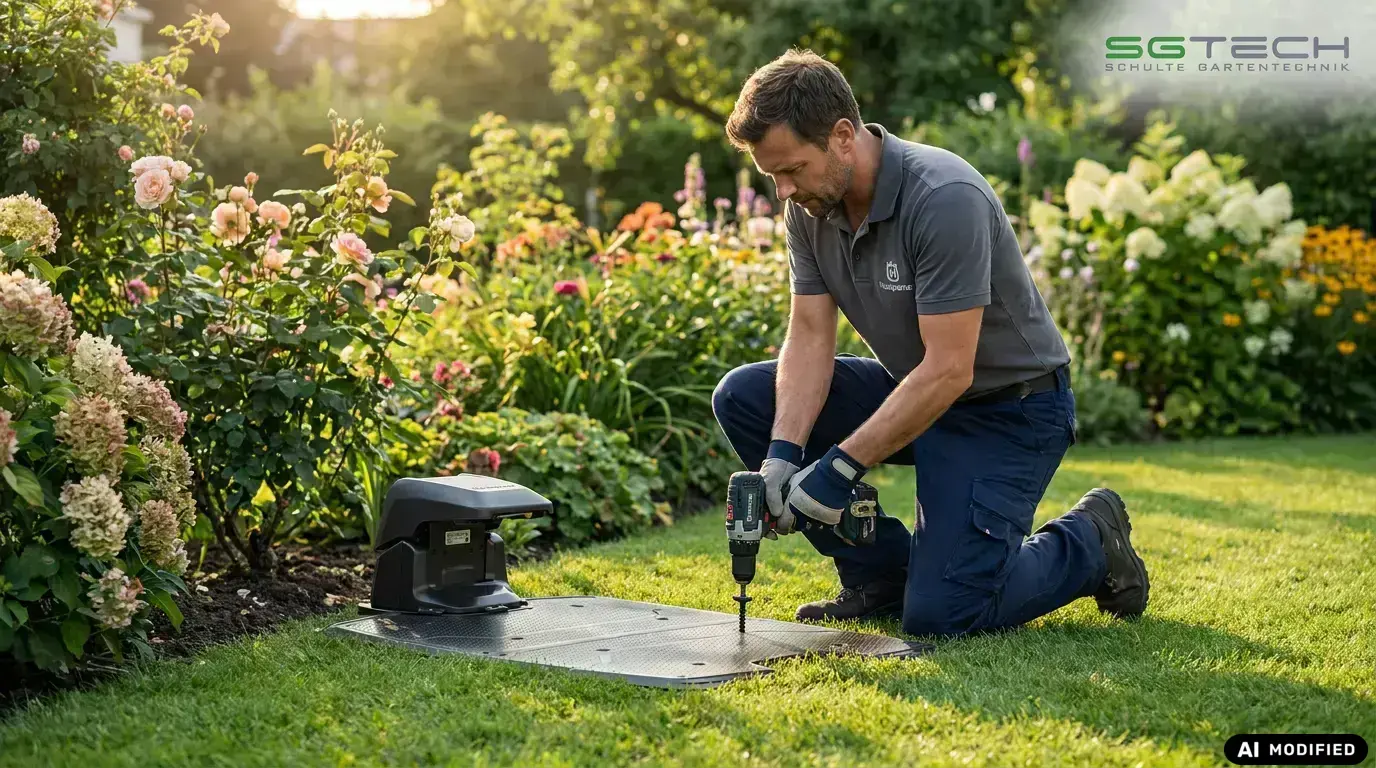Husqvarna CEORA CS4LADESTATION Rasenroboter Zubehör. Techniker installiert Ladestation in Gartenecke im Sommer. Bild mit KI erstellt/modifiziert.