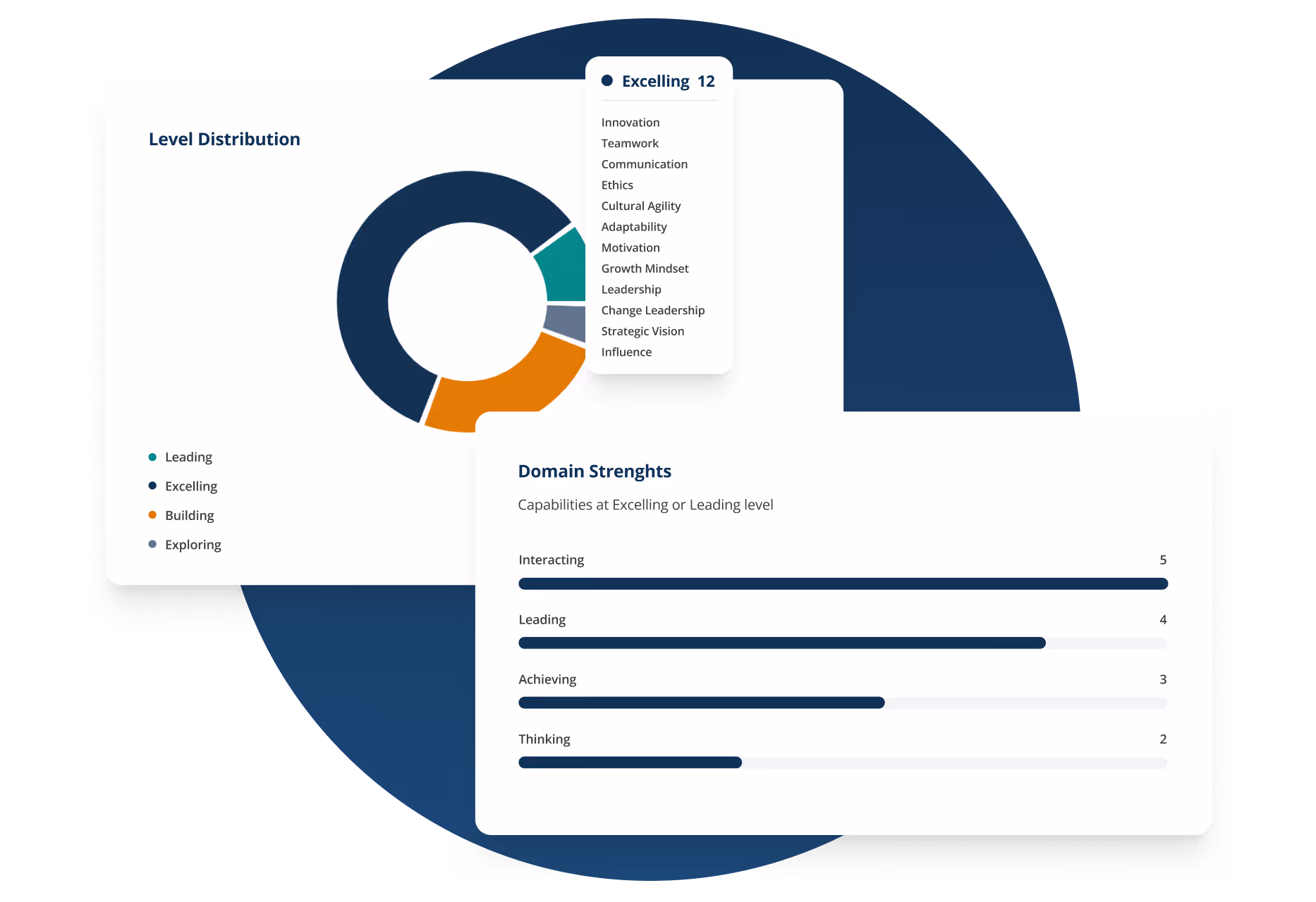 Charts showing level distribution of Leading, Excelling, Building, and Exploring, and a bar graph of domain strengths with scores for Interacting, Leading, Achieving, and Thinking.