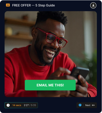 Smiling man in red sweater and glasses looking at his smartphone with a green 'Email Me This!' button on screen.