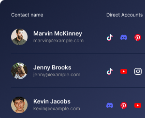 User contact list with photos, names, emails, and social media icons for TikTok, Discord, Pinterest, YouTube, and Instagram.