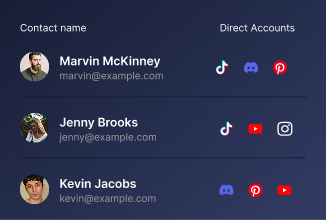 List of three contacts with names, emails, and direct social media account icons including TikTok, Discord, Pinterest, YouTube, and Instagram.