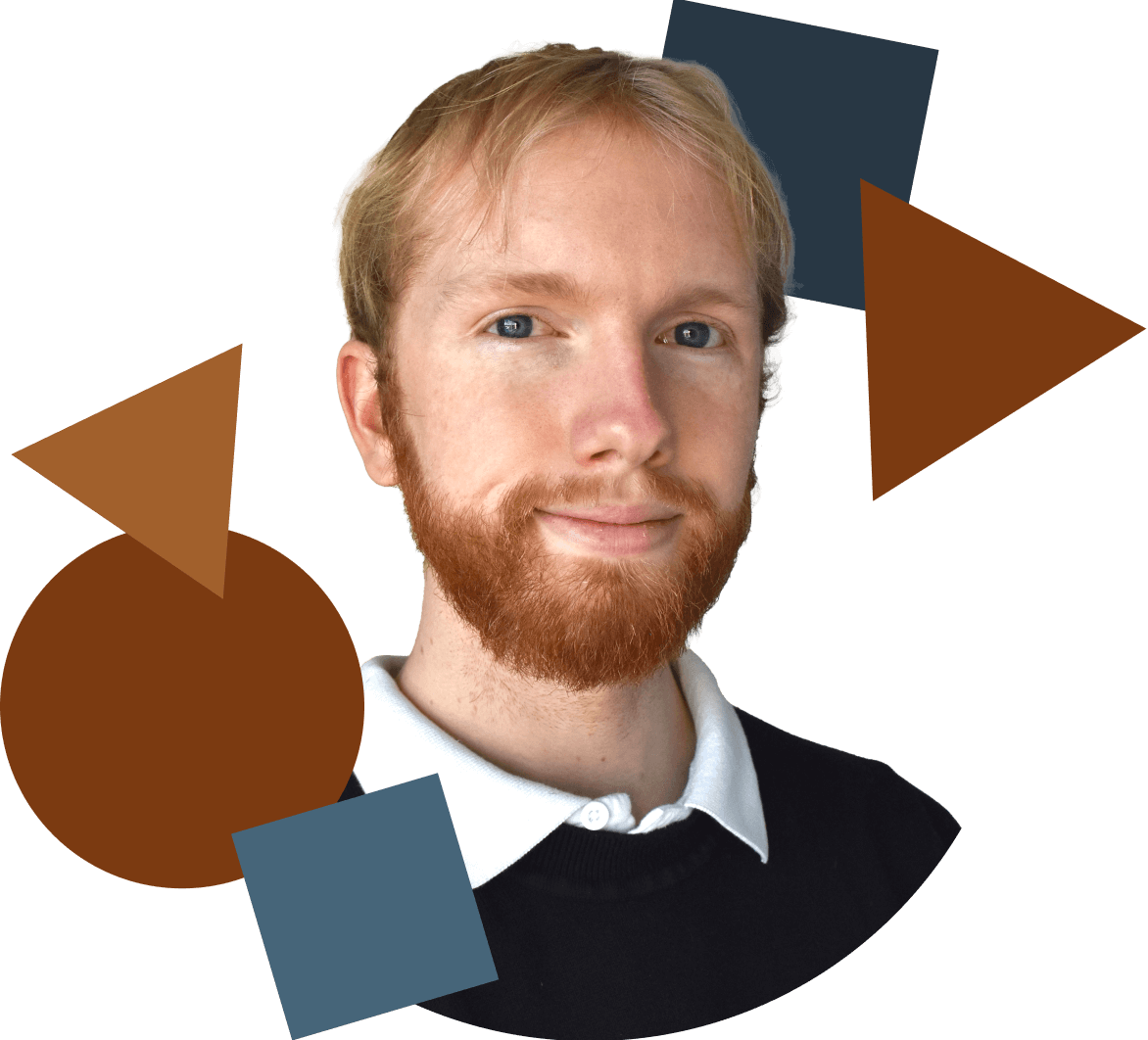 A photograph cut out headshot of Matty with coloured shapes surrounding their head