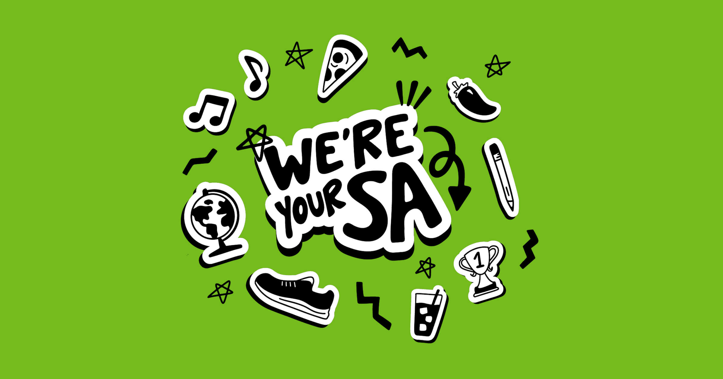 We're Your SA logo surrounded by branded doodles on a green background