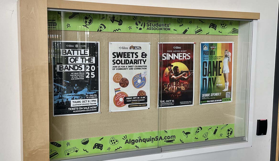 Cork board with 4 different event posters, with Algonquin Students' Association header and footer with branded doodles