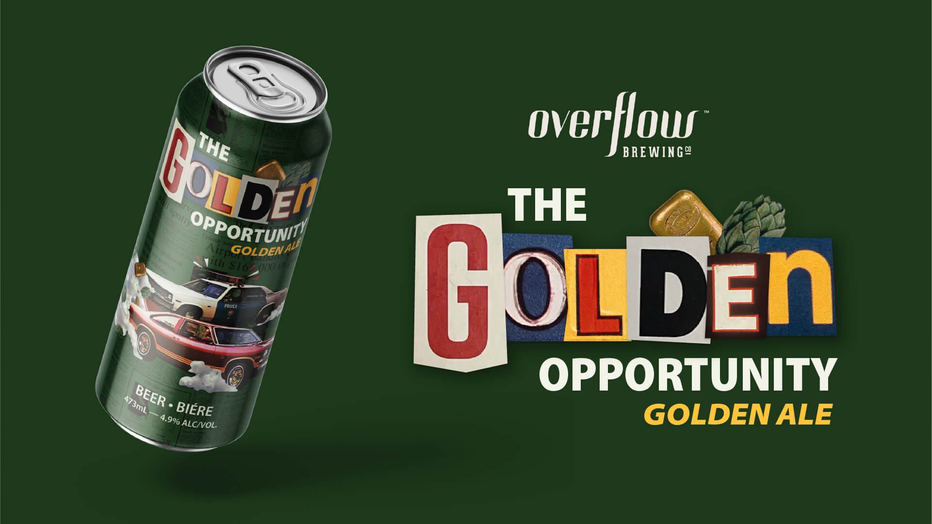 Can of Overflow Brewing’s The Golden Opportunity Golden Ale with vintage car and police car illustrations on a dark green background.