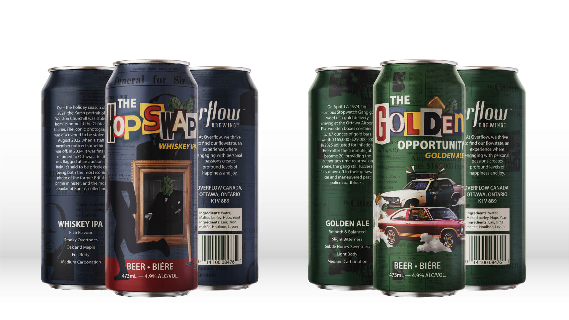 Two triple sets of craft beer cans, one set labeled The Hopswap Whiskey IPA with dark blue labels, the other The Golden Opportunity Golden Ale with dark green labels.