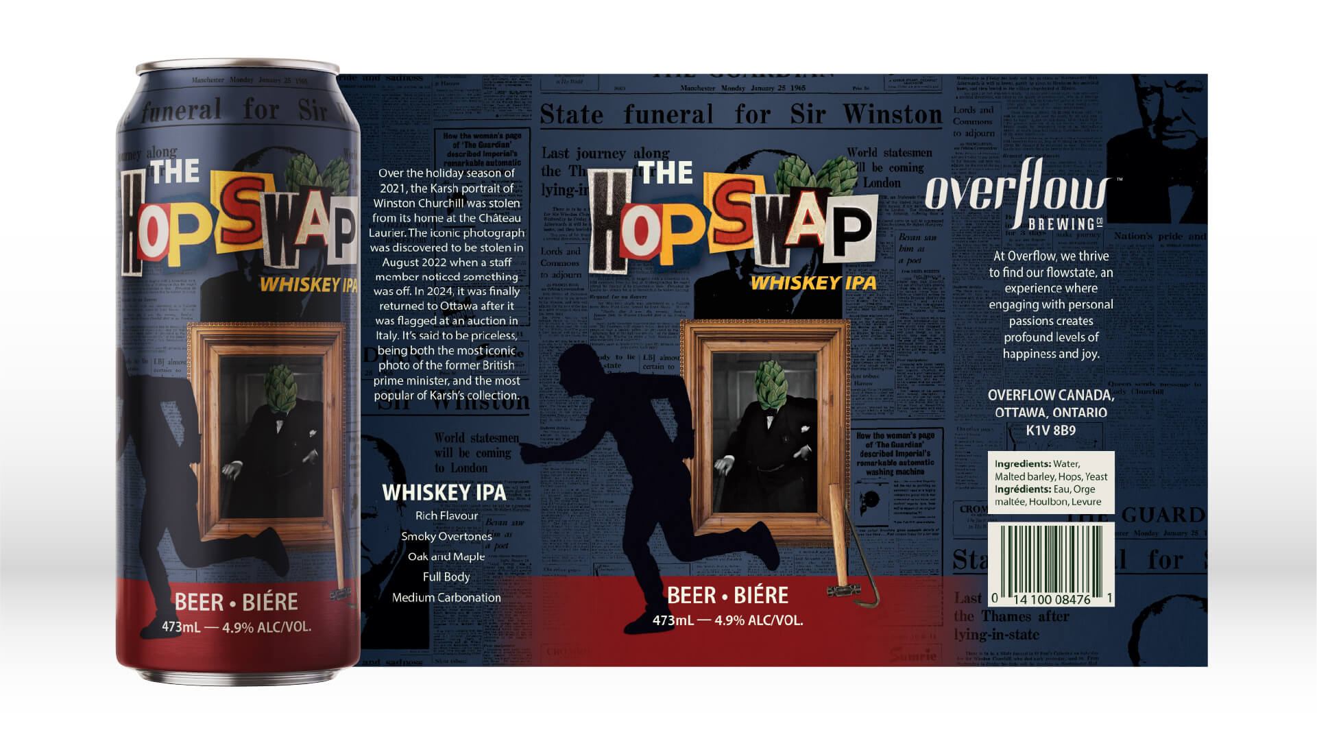 Can and label of The Hop Swap Whiskey IPA beer with details about the stolen Winston Churchill portrait and beer flavor notes.