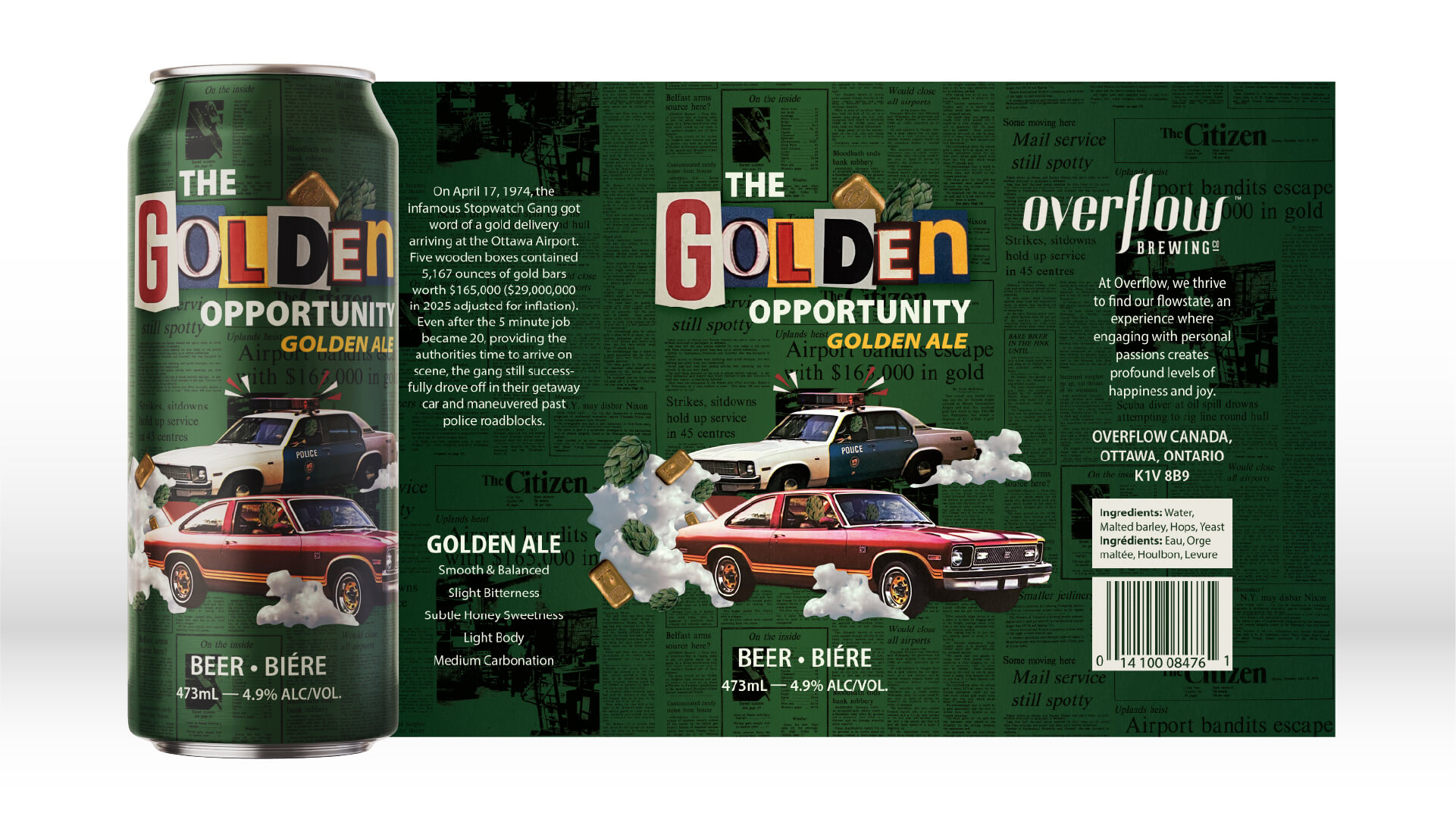 The Golden Opportunity Golden Ale beer can design featuring a vintage police car and a red muscle car with smoke, hops, and gold bars on a dark green newspaper background.