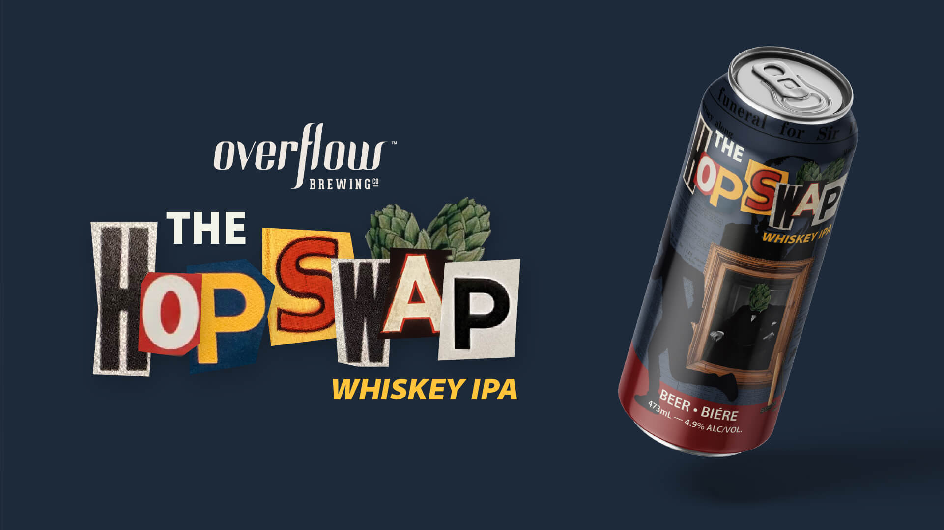 Overflow Brewing's The HopSwap Whiskey IPA beer can with colorful cut-out style text and hop illustration on dark background.