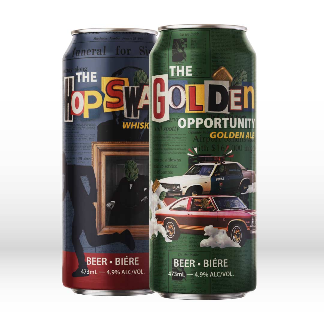 Two beer cans side by side, one blue labeled The Hop Swap Whiskey IPA and one green labeled The Golden Opportunity Golden Ale, each with artistic collage-style designs.