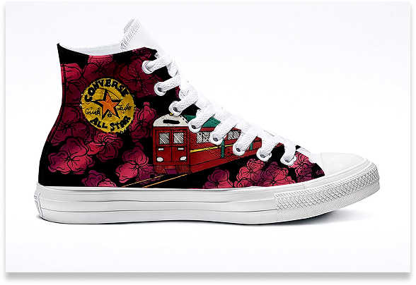 Shoe design of a train riding through a flower garden