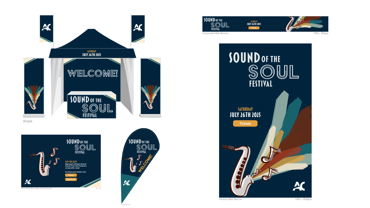 showcase of final mediums for sound of the soul festival including kiosk feather banner and digital formating