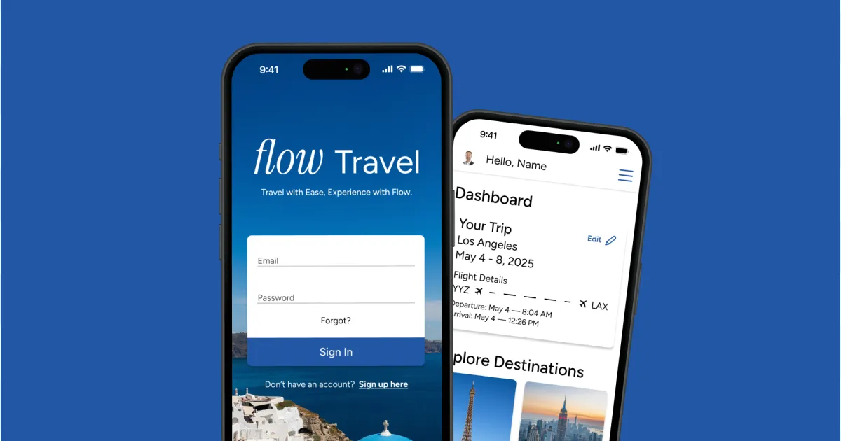 Flow Travel Sign In screen and Home screen