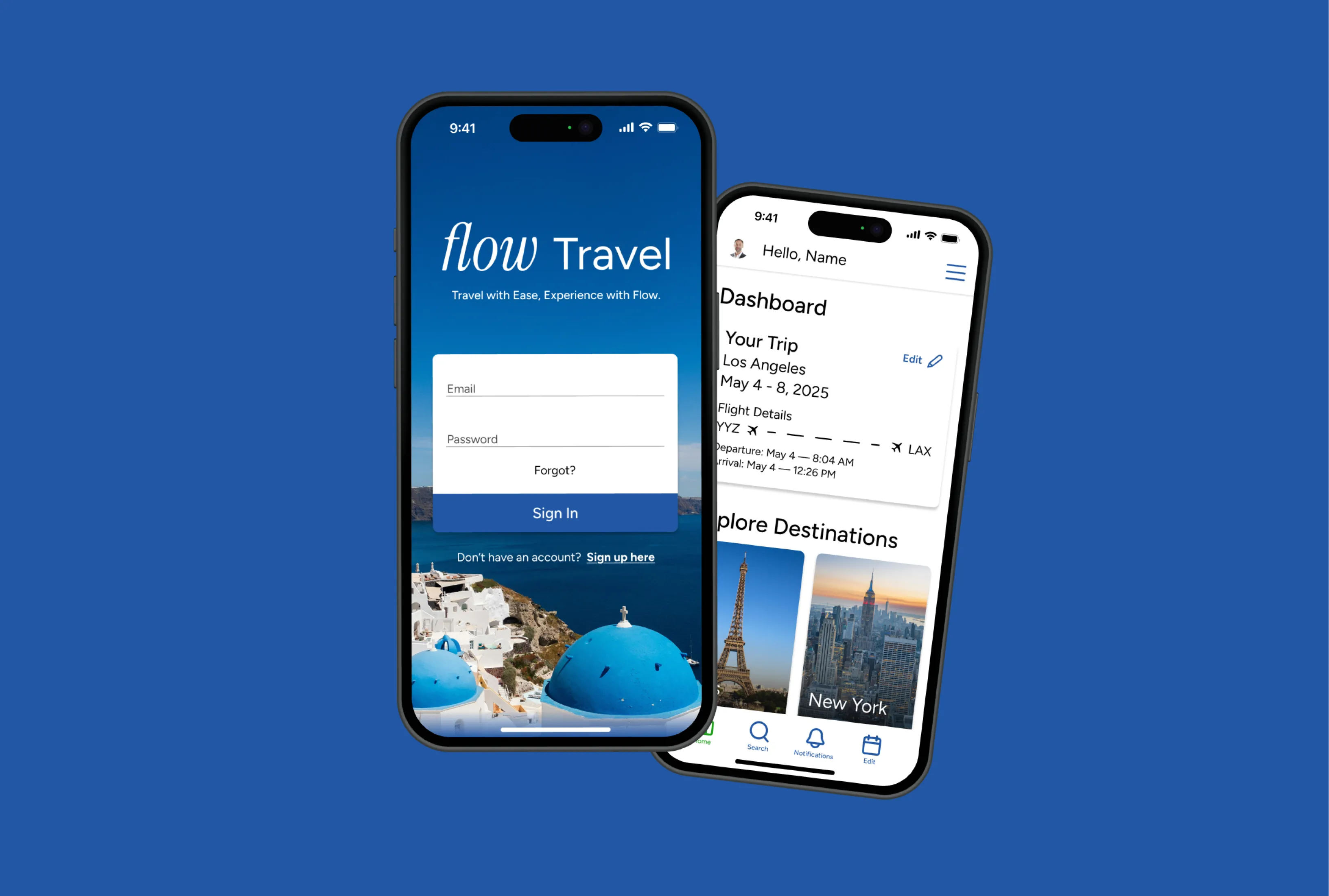 Two smartphones displaying the Flow Travel app with a login screen and a trip dashboard featuring flight details and destination options.