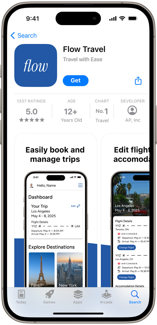 iPhone screen showing the Flow Travel app store page.