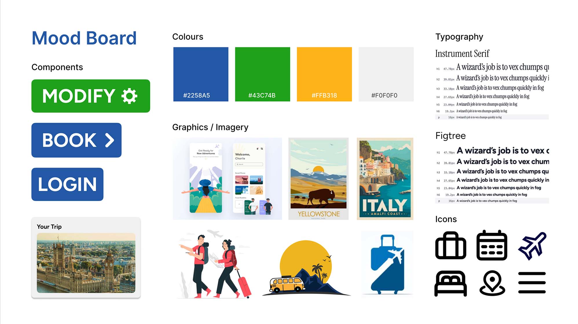 Mood board showing travel app UI buttons, color palette with blue, green, yellow, and grey, travel-themed illustrations, two typography styles, and travel icons.
