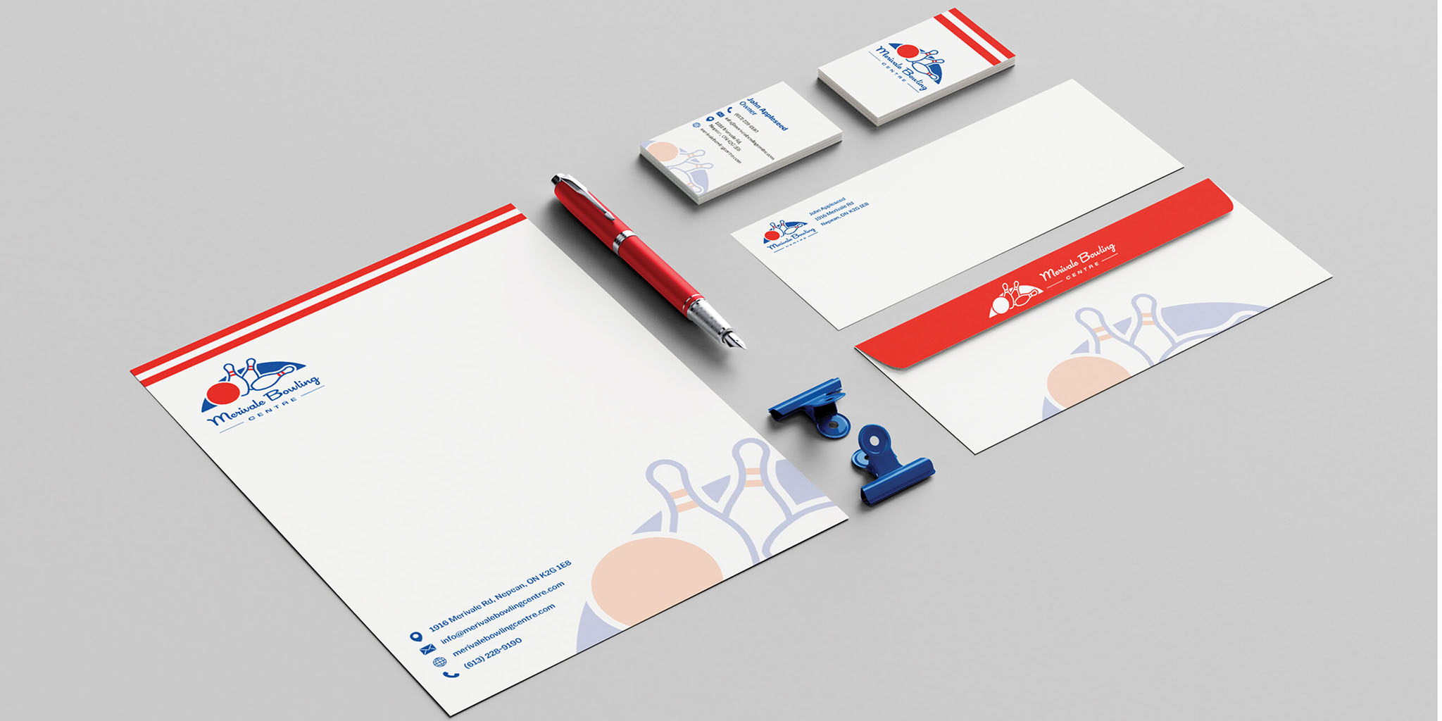 Stationery set featuring letterhead, business cards, envelope, and pen with Merviale Bowling Centre logo and branding in red, blue, and white.