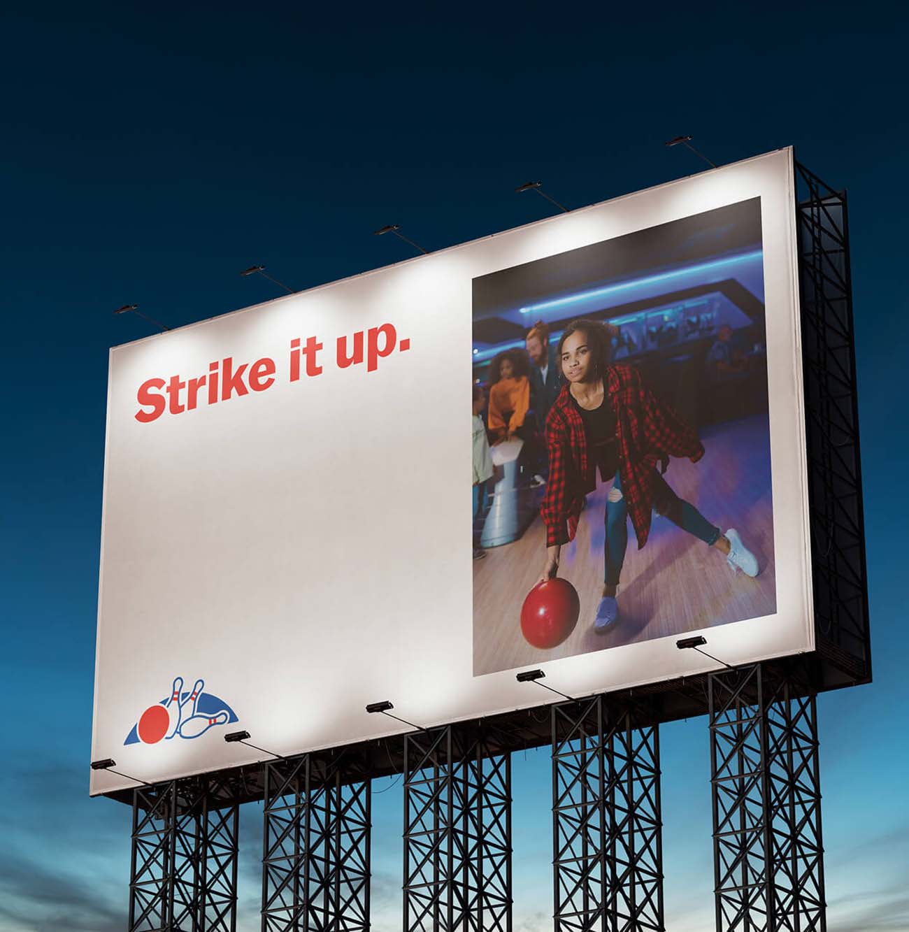 Merivale Bowling Centre Billboard at dusk with text 'Strike it up.' and image of a woman bowling with a red ball.