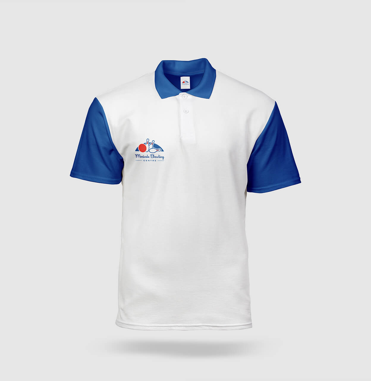 Merivale Bowling Centre branding on white polo shirt with blue collar and sleeves featuring the logo on the left chest.