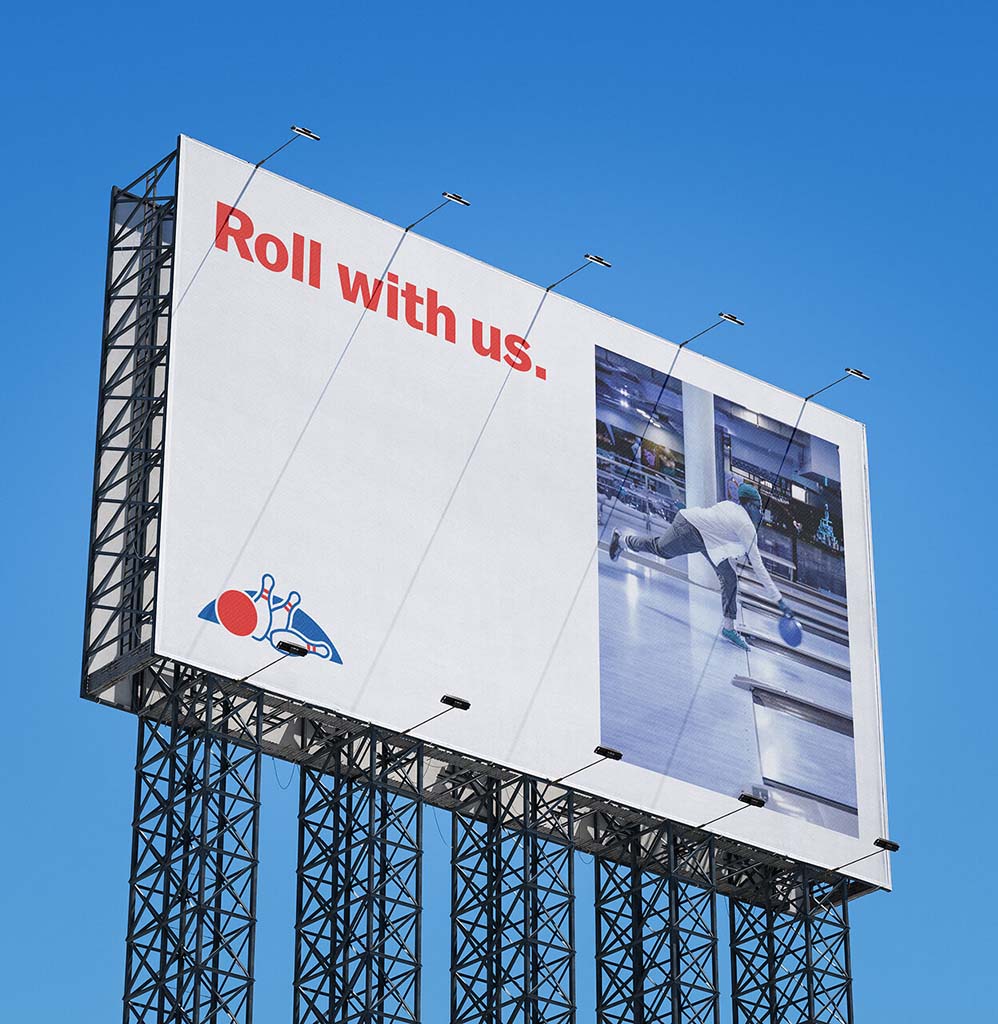 Merivale Bowling Centre Billboard against blue sky with text 'Roll with us.' and image of a person bowling indoors.
