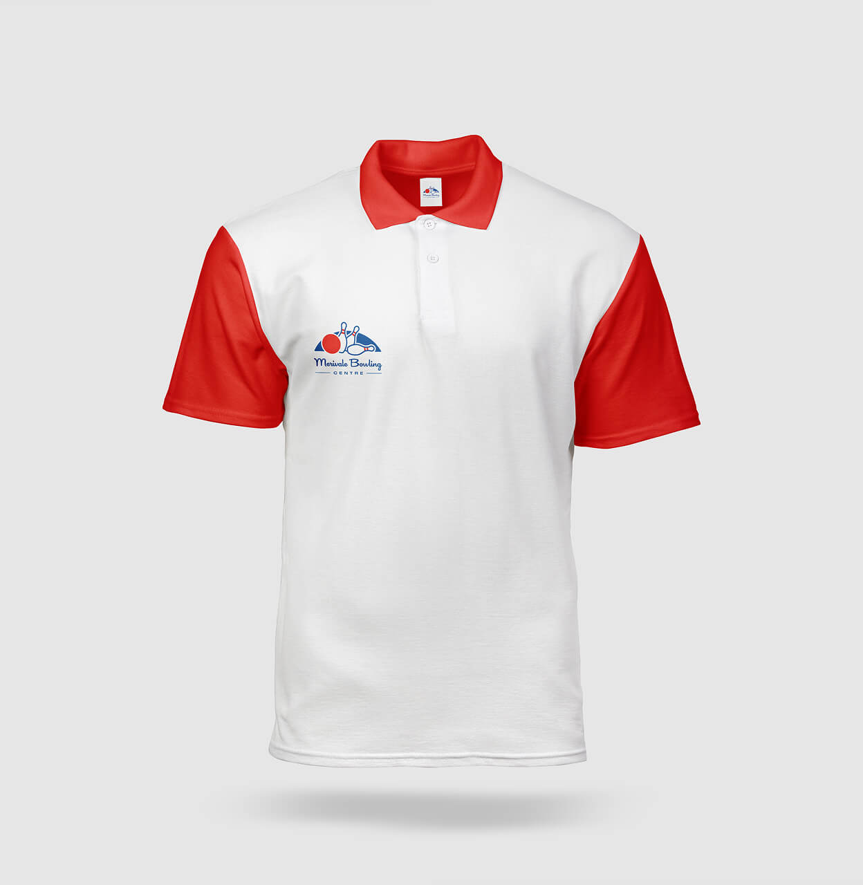 Merivale Bowling Centre branding on a white polo shirt with red collar and sleeves featuring the logo on the left chest.