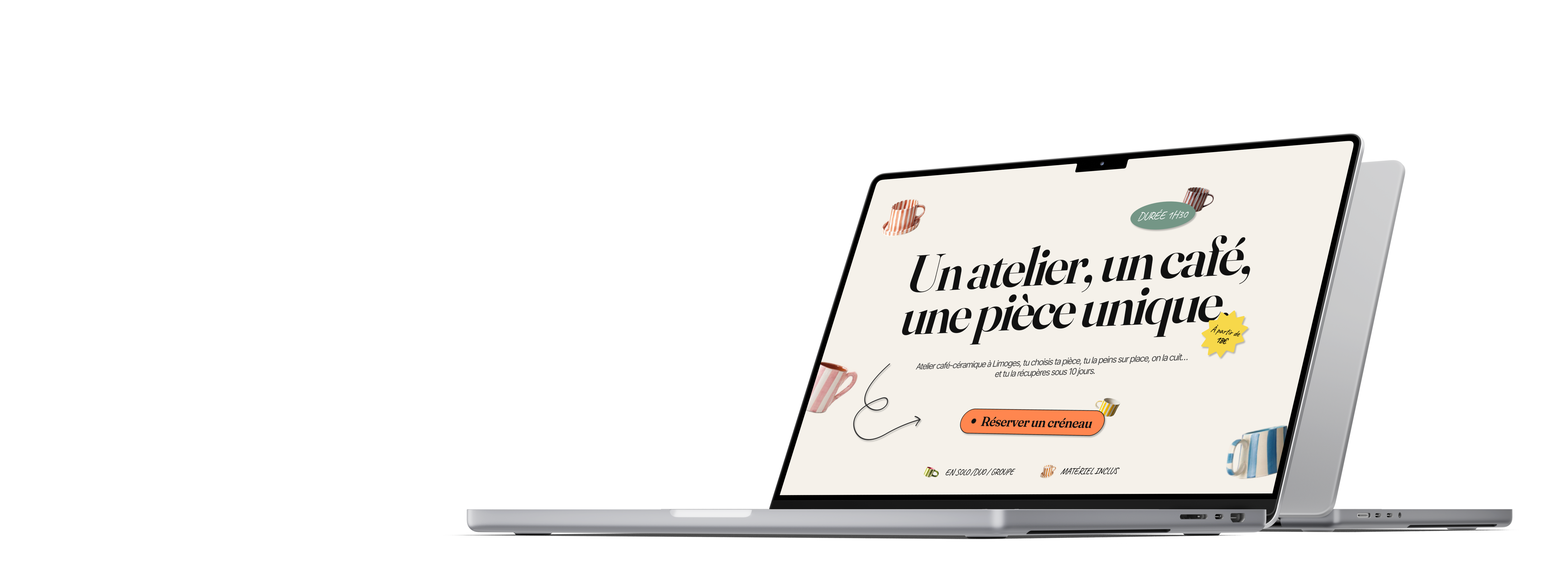 Ordinateur portable affichant une page web en français sur un atelier café-céramique avec des tasses colorées et un bouton orange pour réserver un créneau.