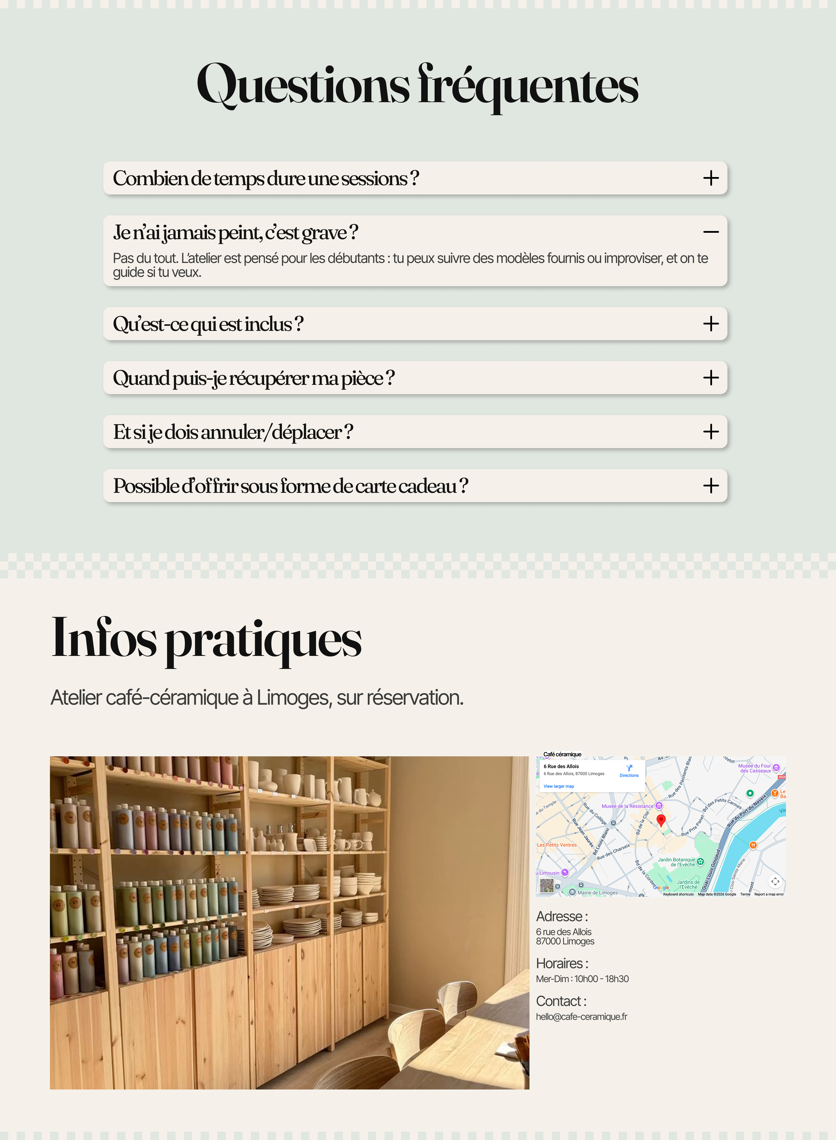Section FAQ avec questions sur la durée des sessions, atelier pour débutants, inclusions, récupération des pièces, annulations et cartes cadeau, accompagnée d'une photo d'un espace avec étagères en bois remplies de poteries et d'une table avec chaises, et une carte indiquant l'adresse du café-céramique à Limoges.