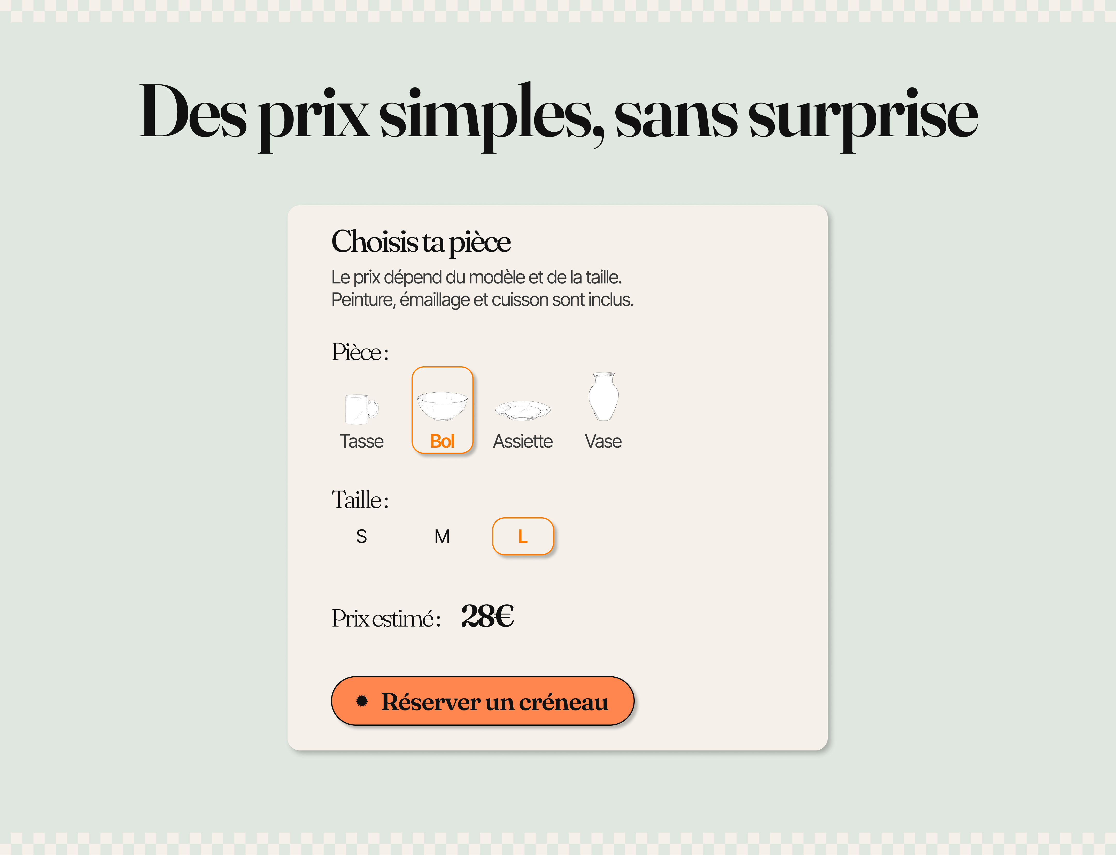 Interface de sélection de prix pour un bol de grande taille à 28 euros avec option pour réserver un créneau.