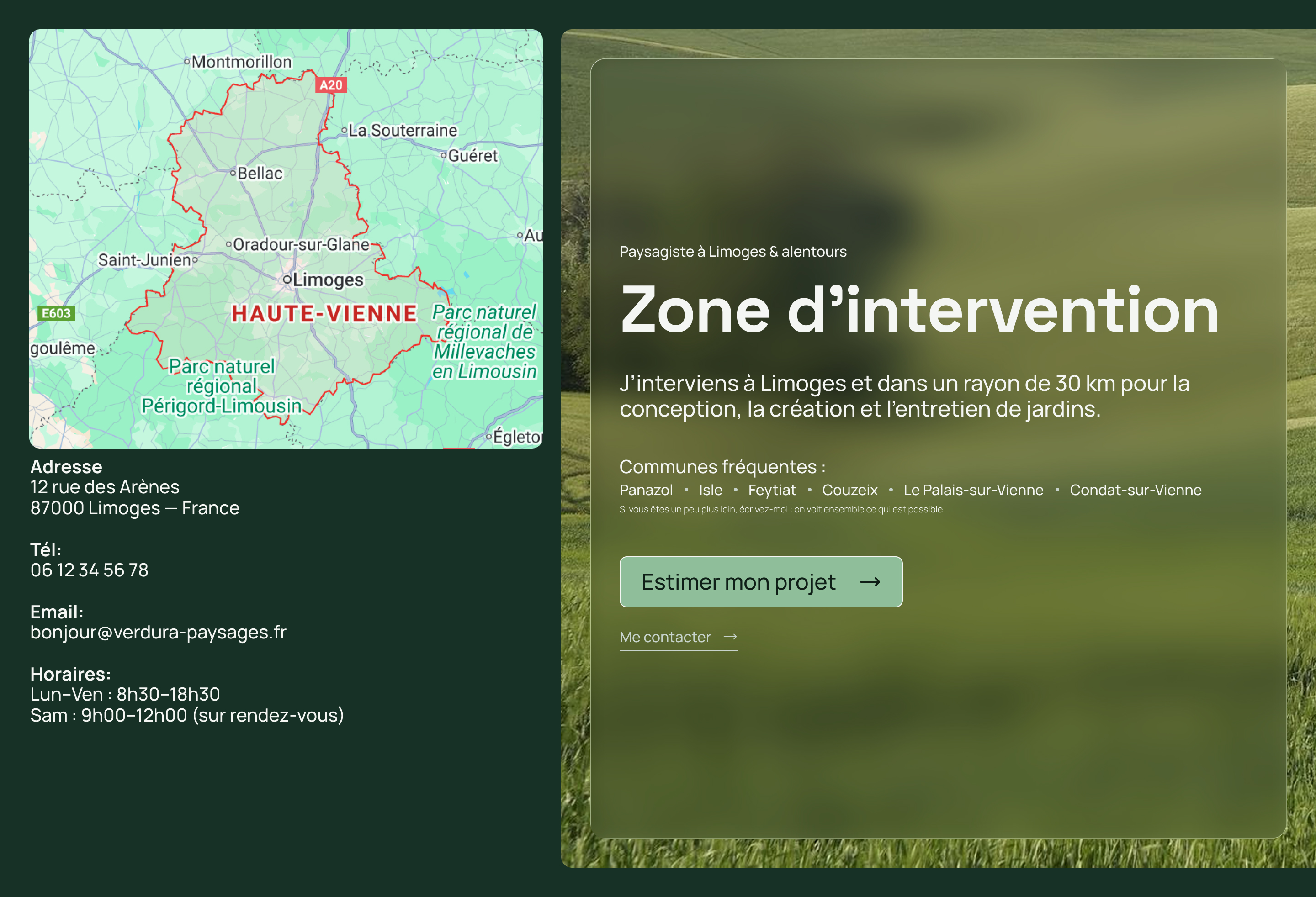 Carte de la Haute-Vienne avec Limoges au centre et texte décrivant la zone d'intervention paysagiste à Limoges et alentours, incluant adresse, téléphone, email, horaires, communes fréquentes, et options pour estimer un projet ou contacter.
