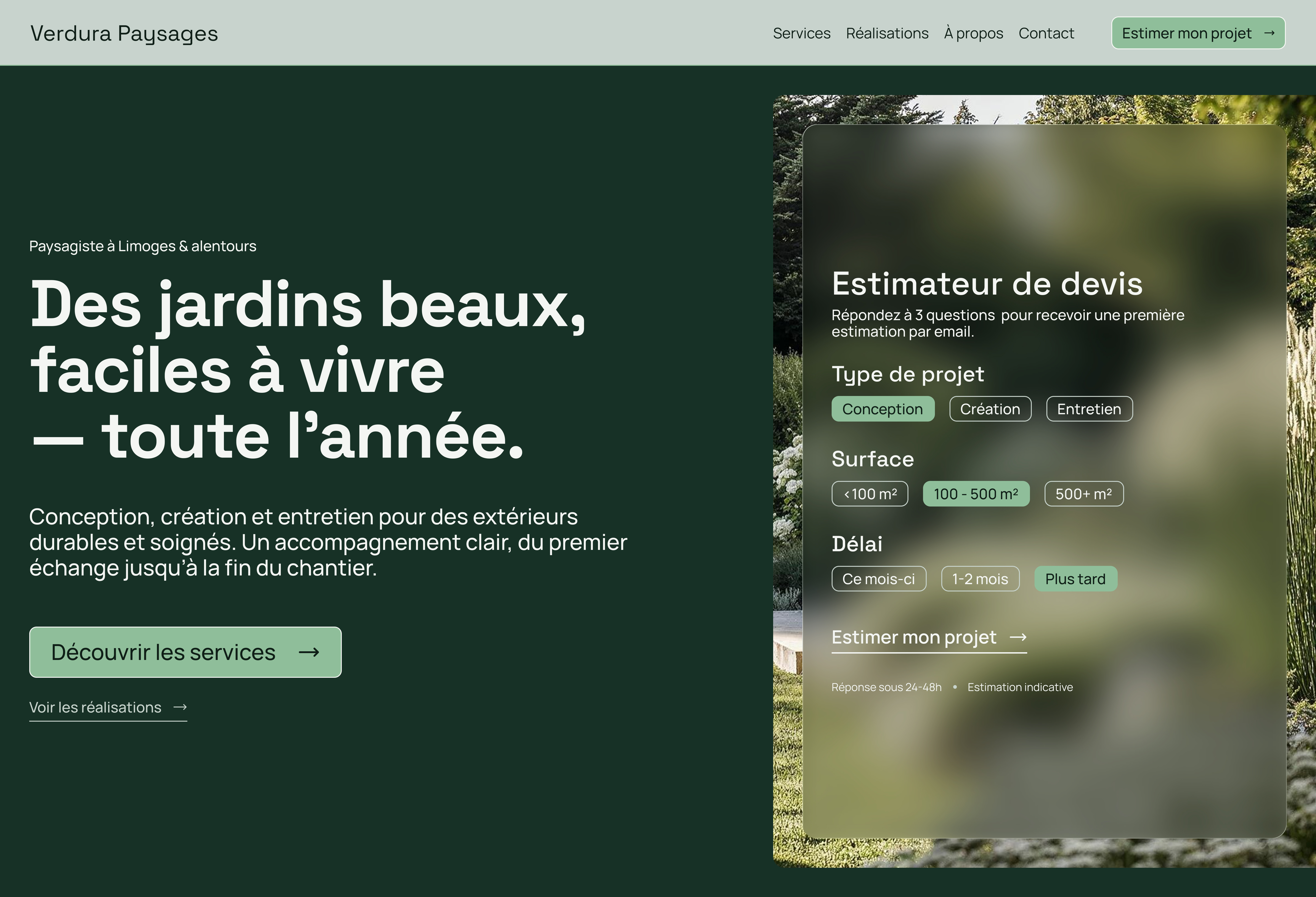 Page d'accueil de Verdura Paysages avec texte sur la création de jardins beaux et faciles à vivre, et un estimateur de devis pour projets d'extérieur.