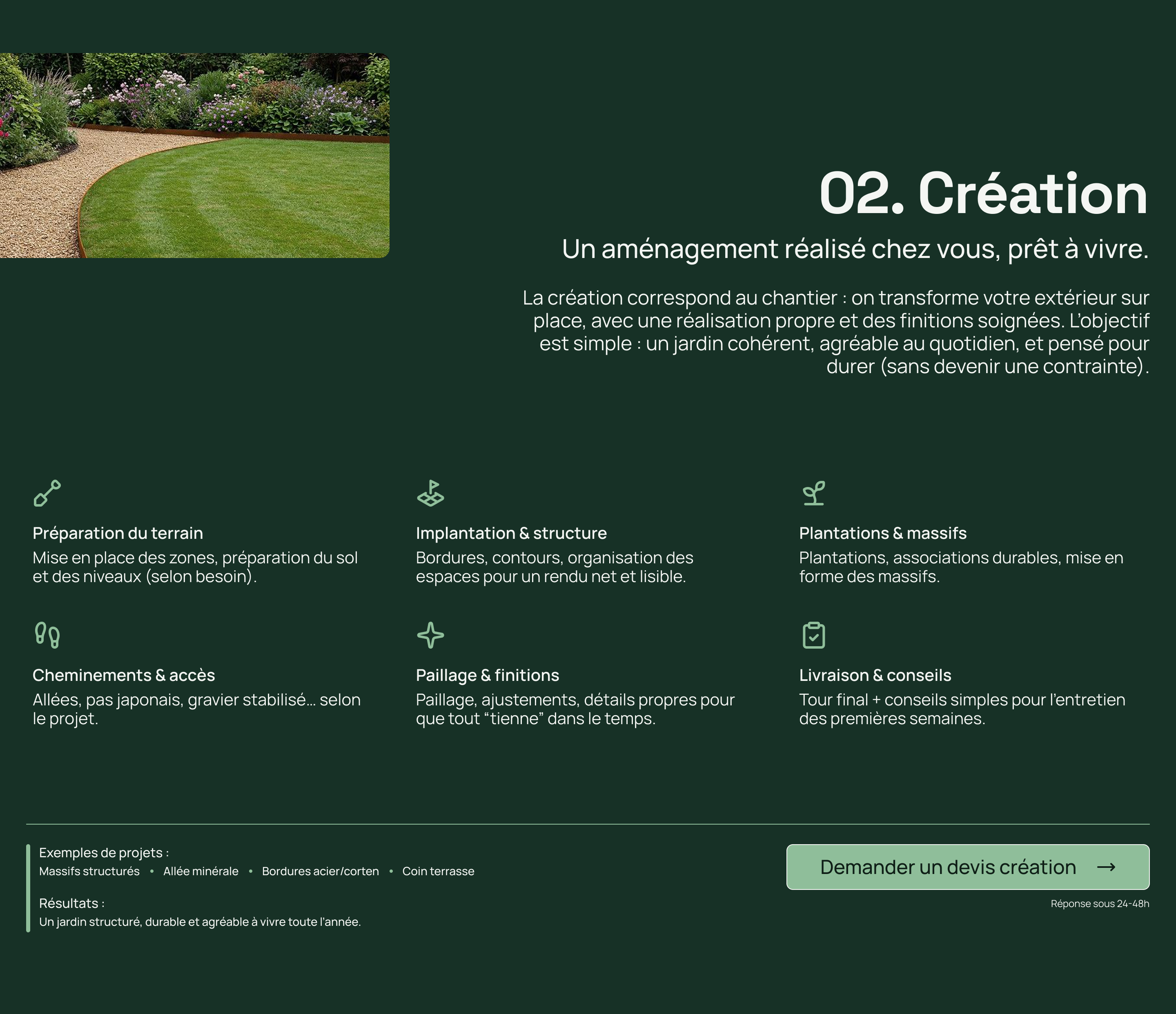 Pelouse bien entretenue avec un chemin de graviers courbé et une bordure en acier, entourée de parterres de fleurs et de plantes.