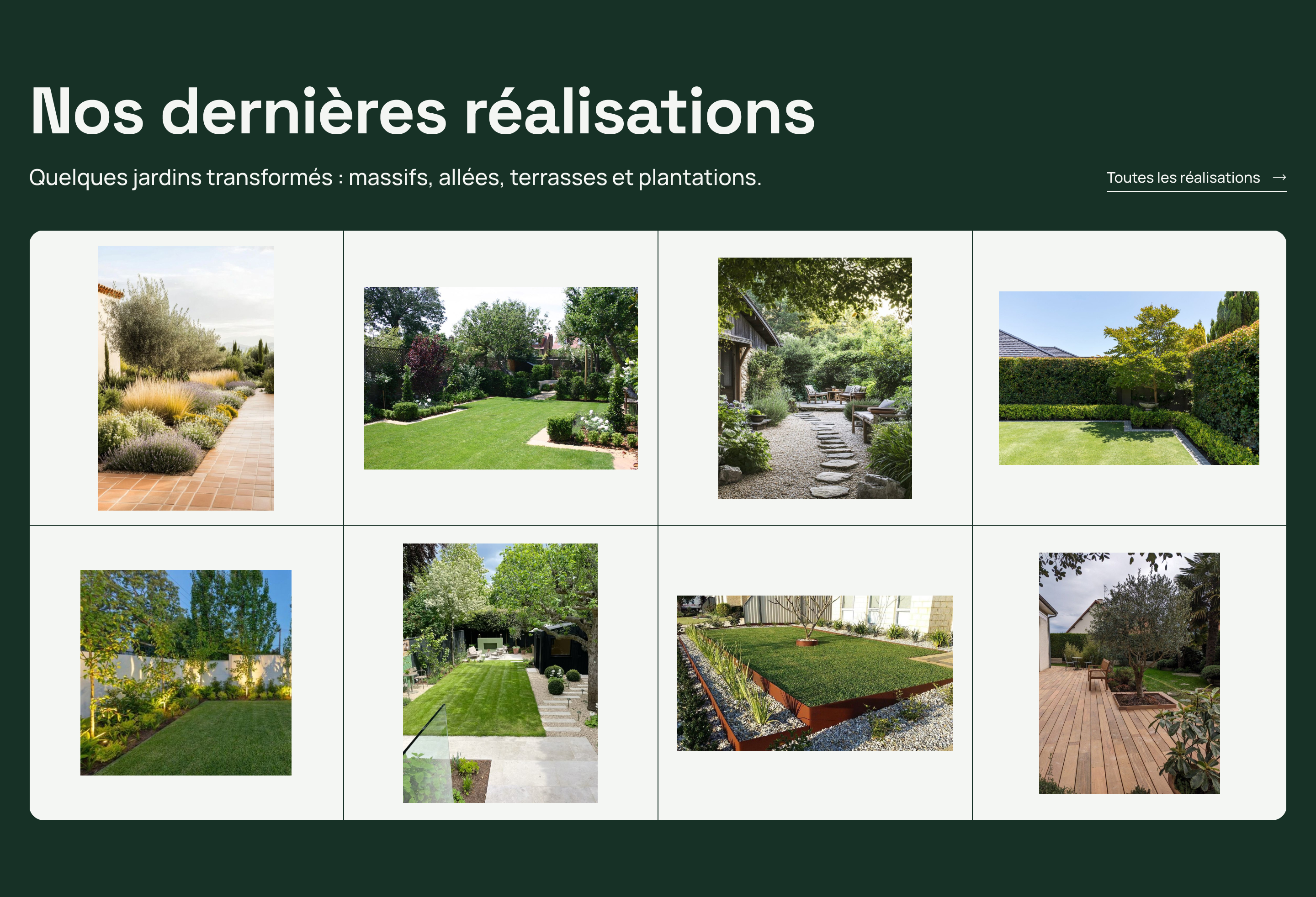 Sept photos montrant des jardins modernes avec pelouses, plantations, allées en pierre et terrasses en bois.