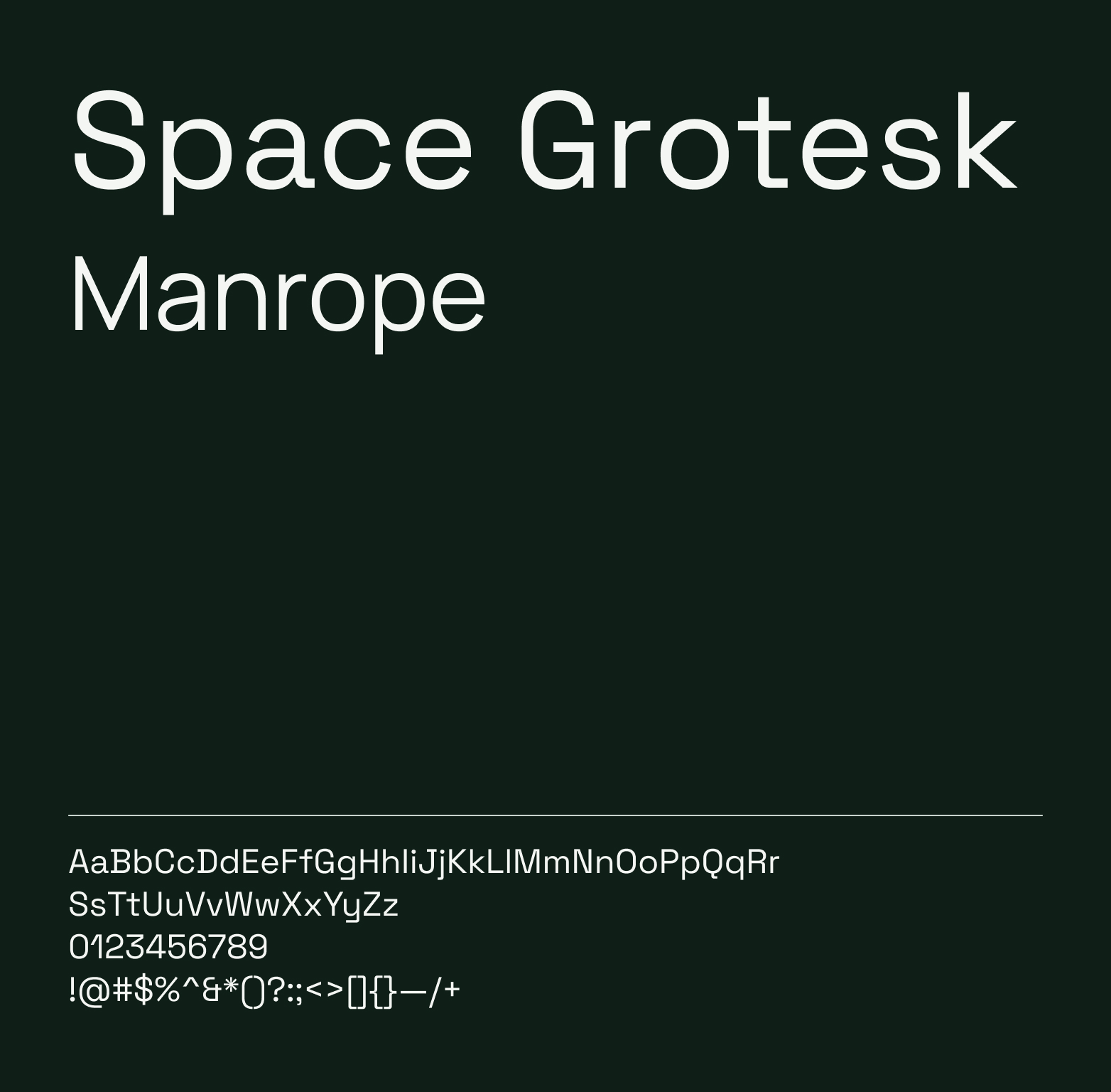 Exemple de police Space Grotesk Manrope avec alphabets majuscules, minuscules, chiffres et symboles sur fond noir.