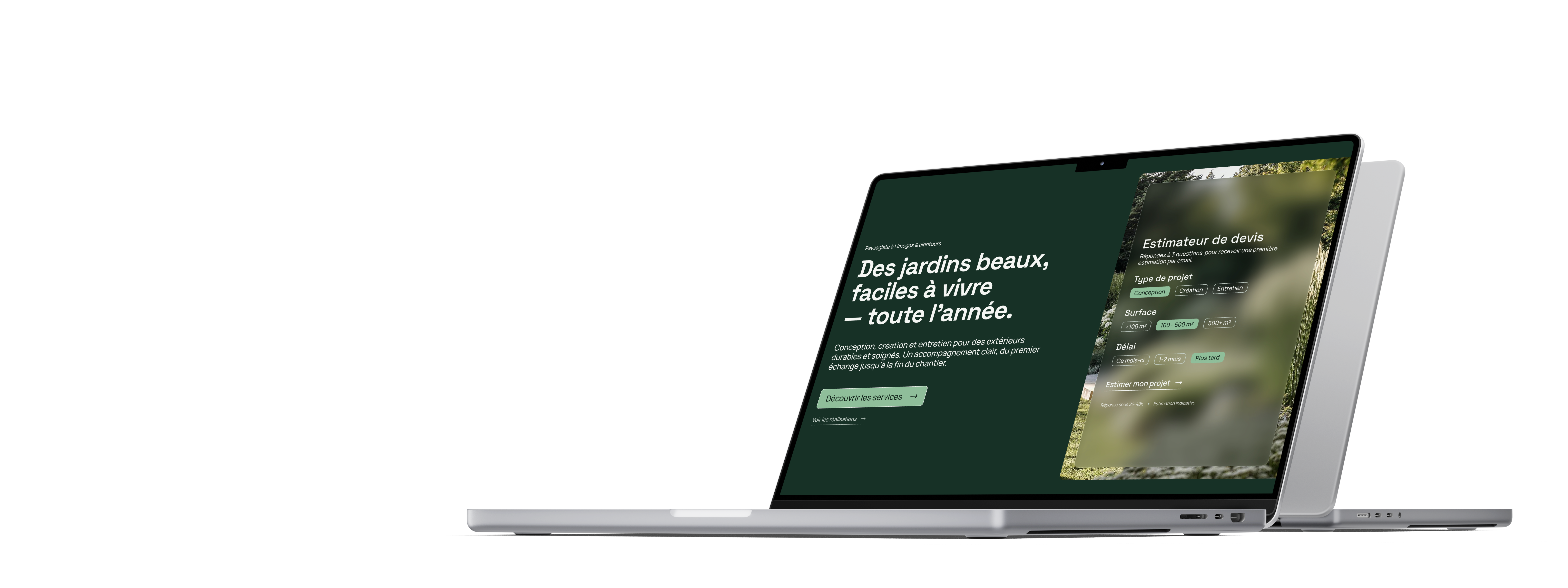 Ordinateur portable affichant un site web de conception de jardins avec un estimateur de devis en ligne.