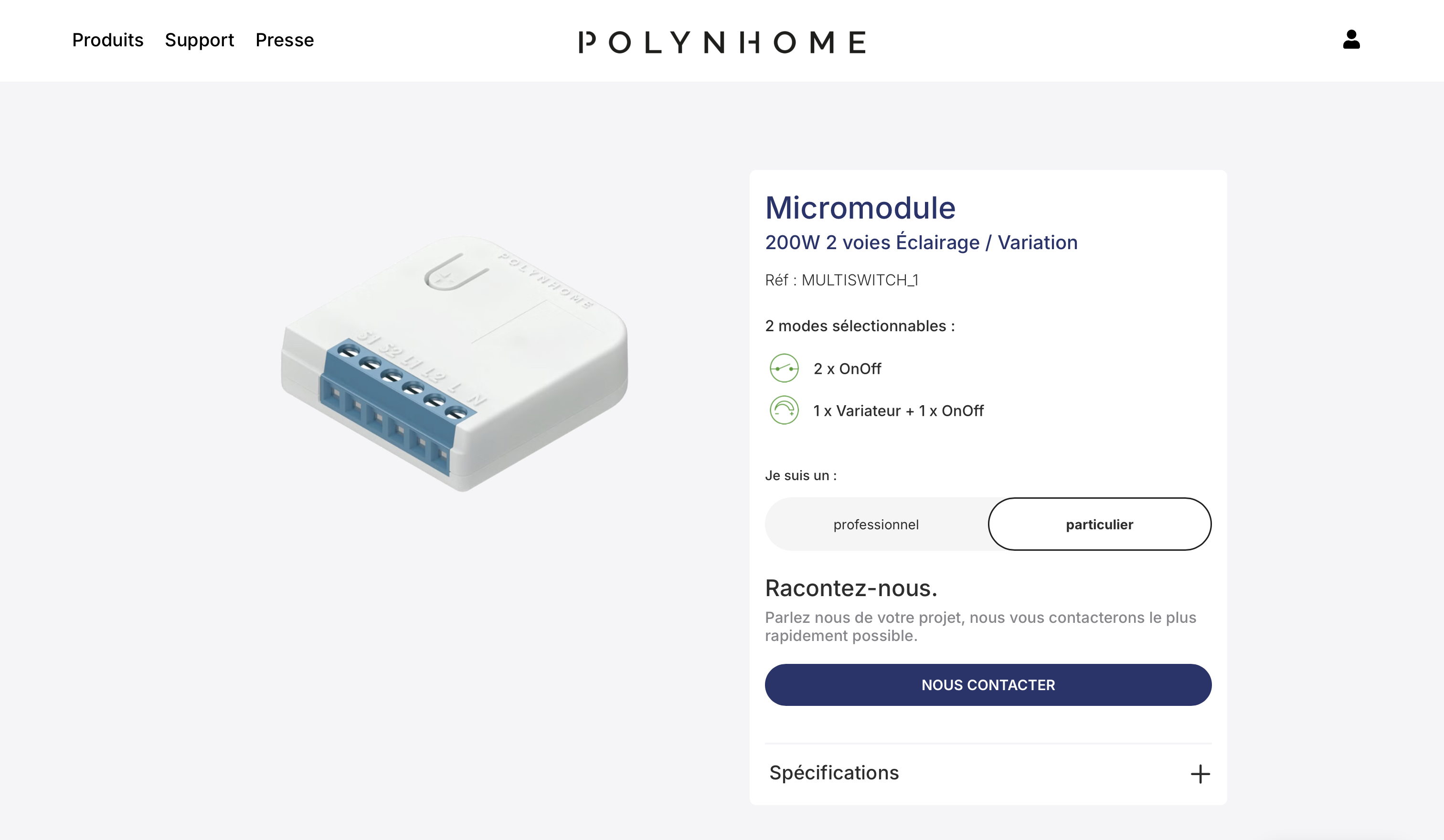 Module électrique micromodule blanc avec connecteurs bleus, description des modes OnOff et variateur sur une page produit PolyNhome.