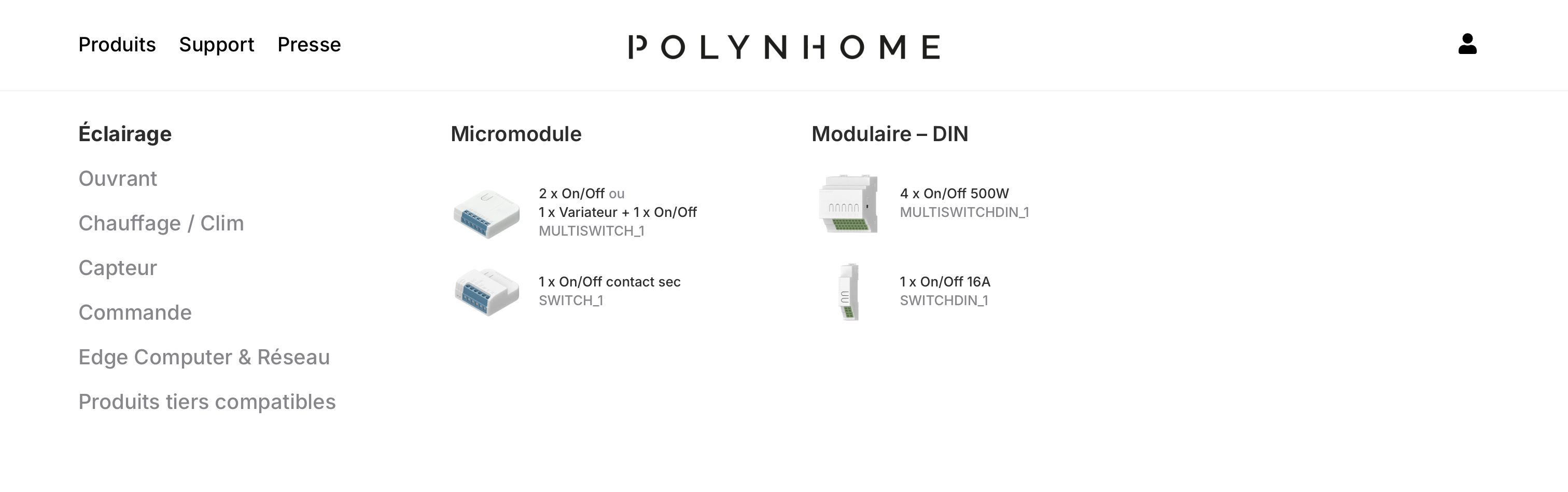 Menu éclairage du site Polynhome affichant des catégories de produits à gauche et images de micromodules et modules DIN avec descriptions au centre et à droite.