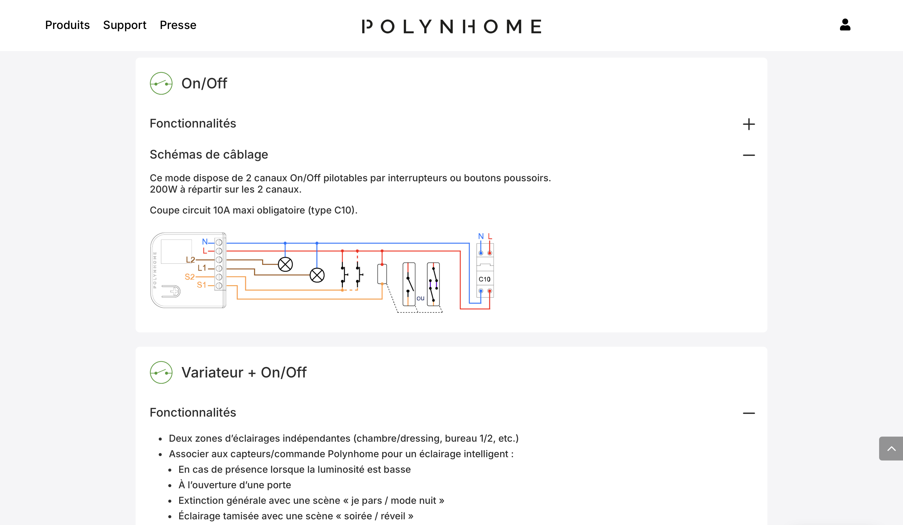 Schéma de câblage montrant un module Polynhome On/Off avec deux canaux pilotables par interrupteurs ou boutons poussoirs, avec un disjoncteur C10 obligatoire.