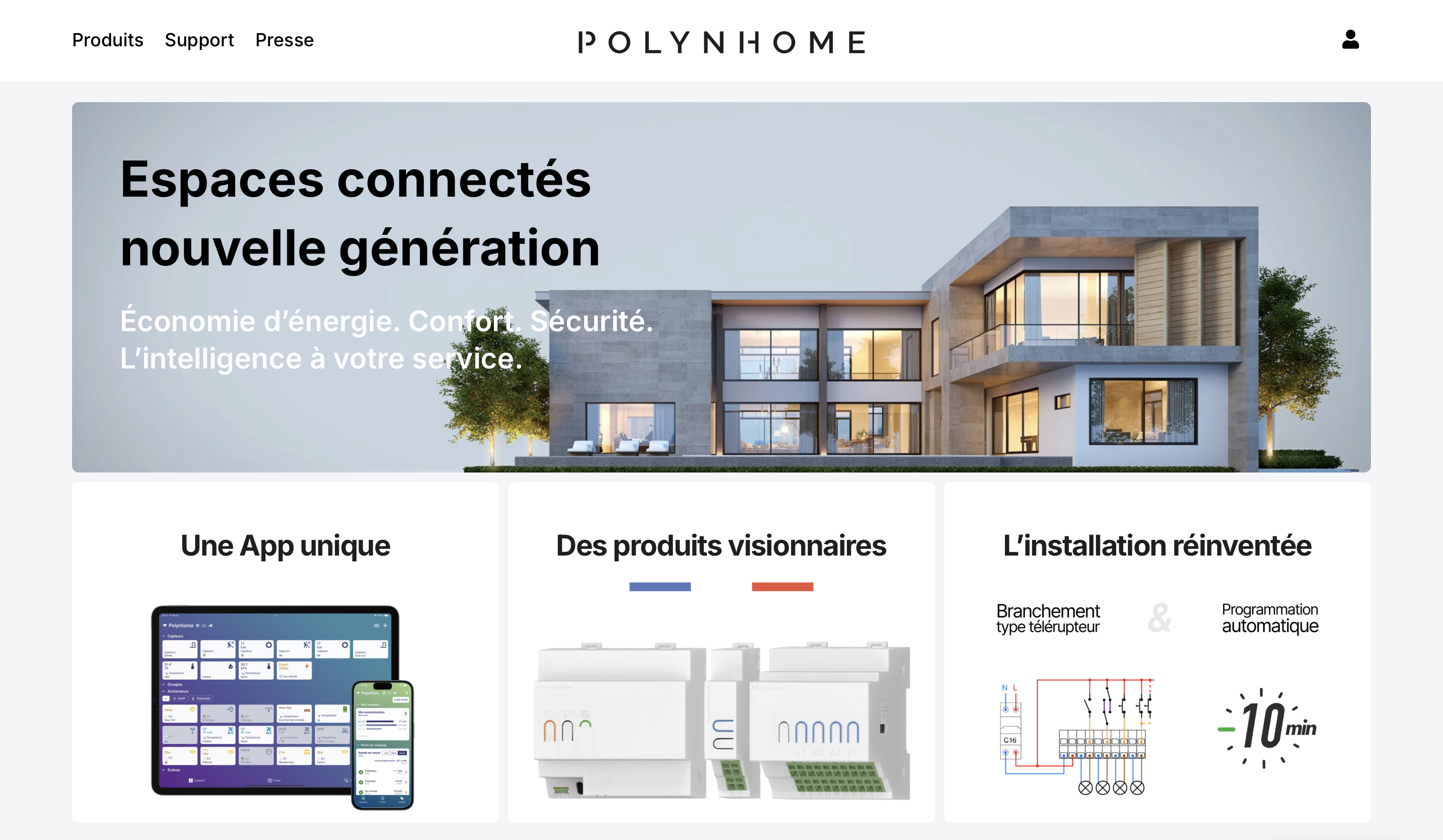 Maison moderne avec texte sur espaces connectés nouvelle génération et trois sections : application unique sur tablette et smartphone, produits électroniques blancs, schéma d'installation avec texte 10 min.
