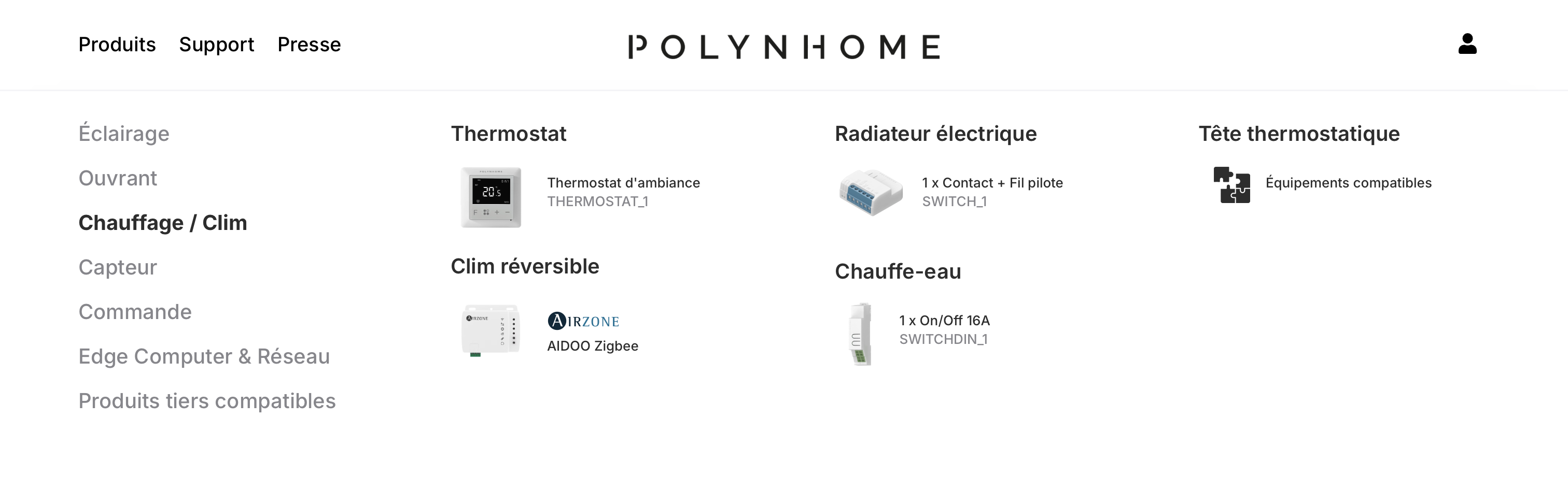 Menu de catégories POLYNHOME avec section Chauffage/Clim comprenant thermostat, radiateur électrique, tête thermostatique, climatiseur réversible et chauffe-eau.