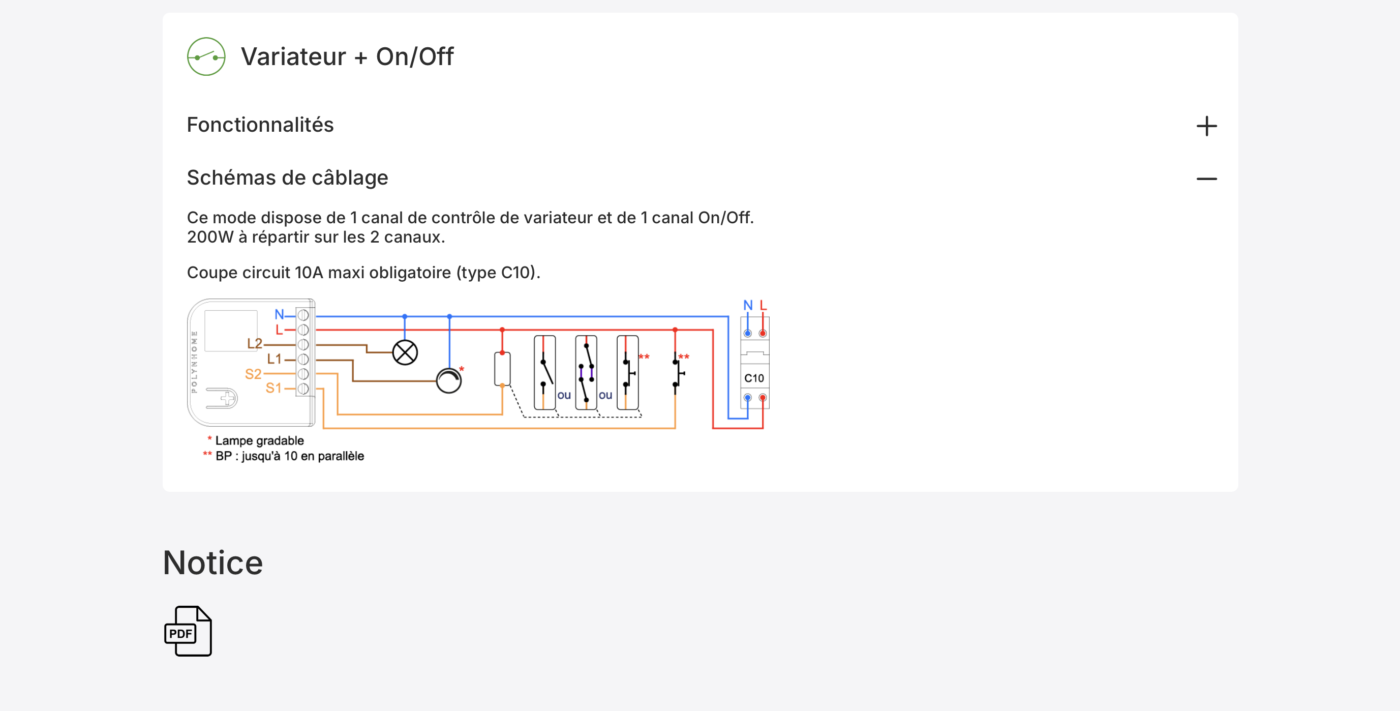 Diagramme de câblage d'un variateur avec on/off montrant un canal de contrôle variateur, un canal on/off, et un coupe-circuit 10A obligatoire type C10.