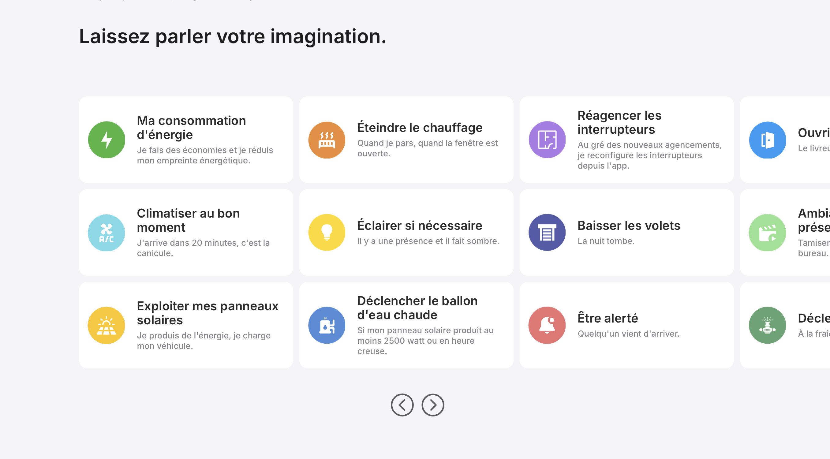 Tableau présentant diverses options domotiques telles que gérer la consommation d'énergie, éteindre le chauffage, réagencer les interrupteurs, climatiser au bon moment, éclairer si nécessaire, baisser les volets, exploiter des panneaux solaires, déclencher le ballon d'eau chaude, être alerté.