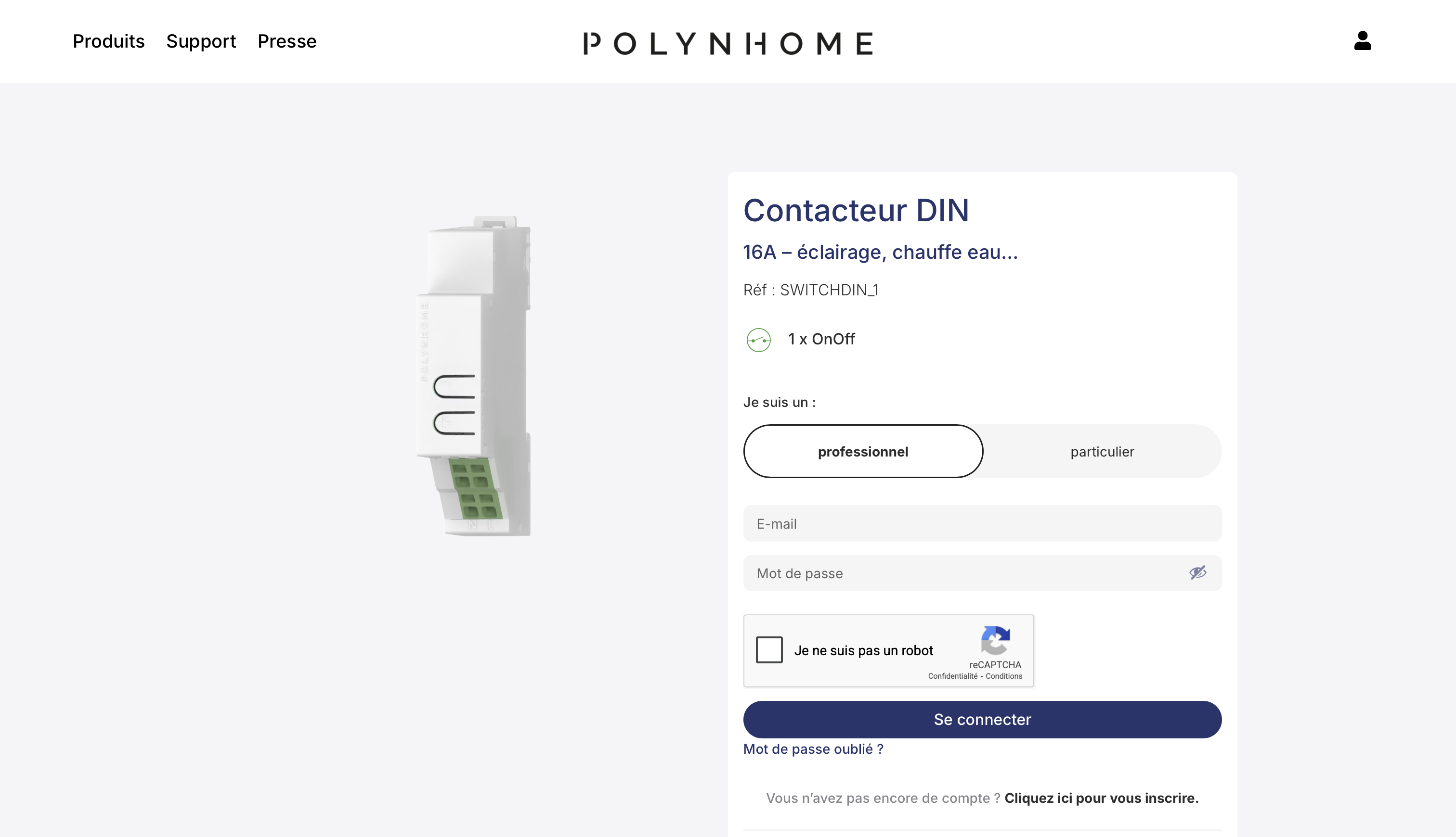 Interface de connexion pour le contacteur DIN 16A avec options professionnel et particulier, champs e-mail, mot de passe et reCAPTCHA.