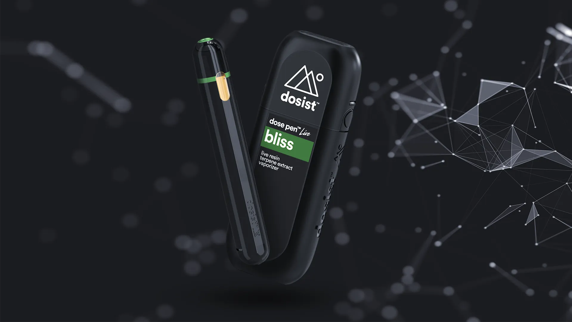 Dosist Bliss live resin dose pen and matching all-in-one vape device on a dark studio background.